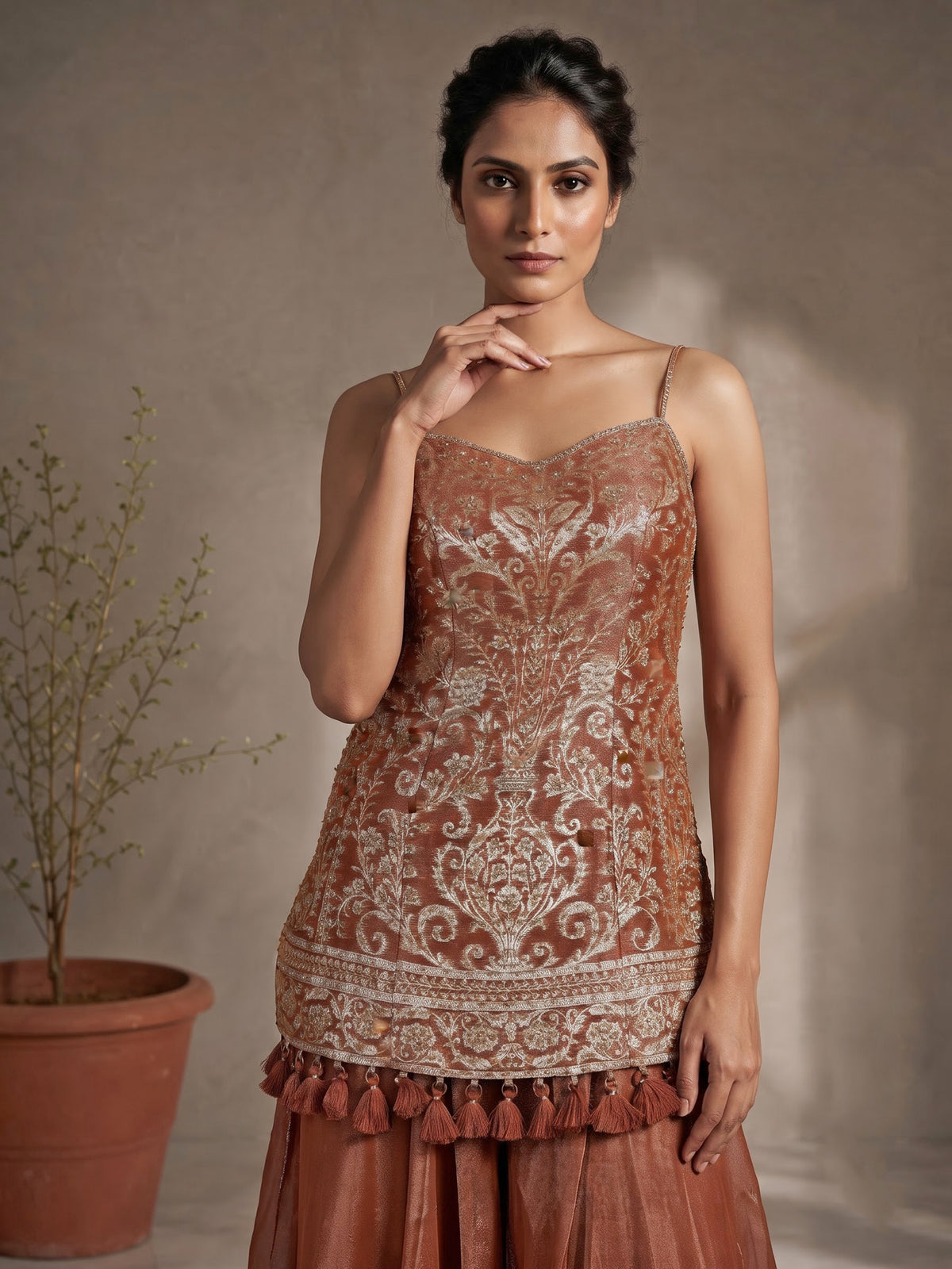 Rust peach tissue silk palazzo suit with intricate zardosi work