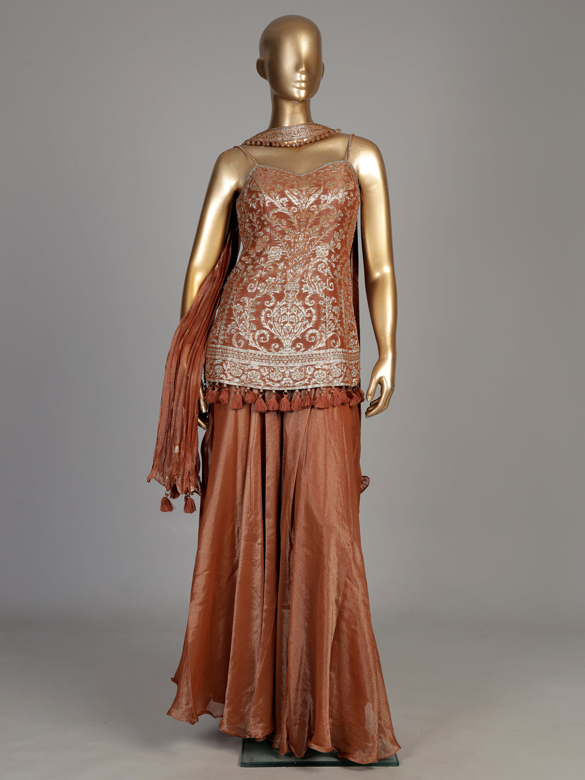 Rust peach tissue silk palazzo suit with intricate zardosi work