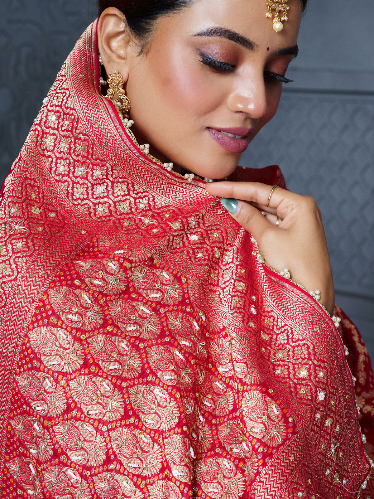Red royal floral bandhani georgette saree for women