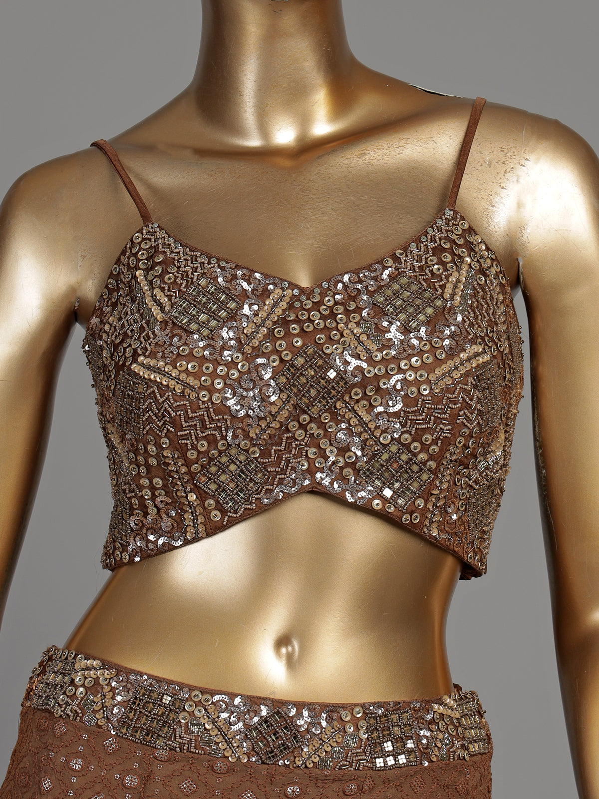 Brown satin silk palazzo suit with mirror work and tassel accents