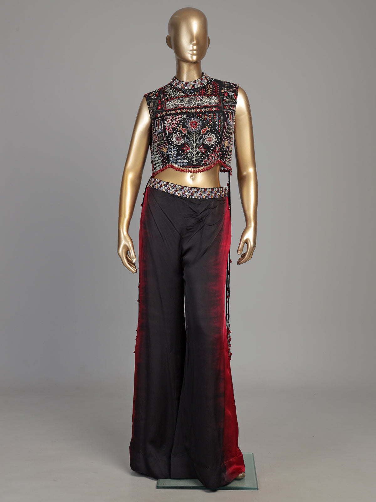 Black satin silk shaded palazzo suit with ornate bandhgala styling