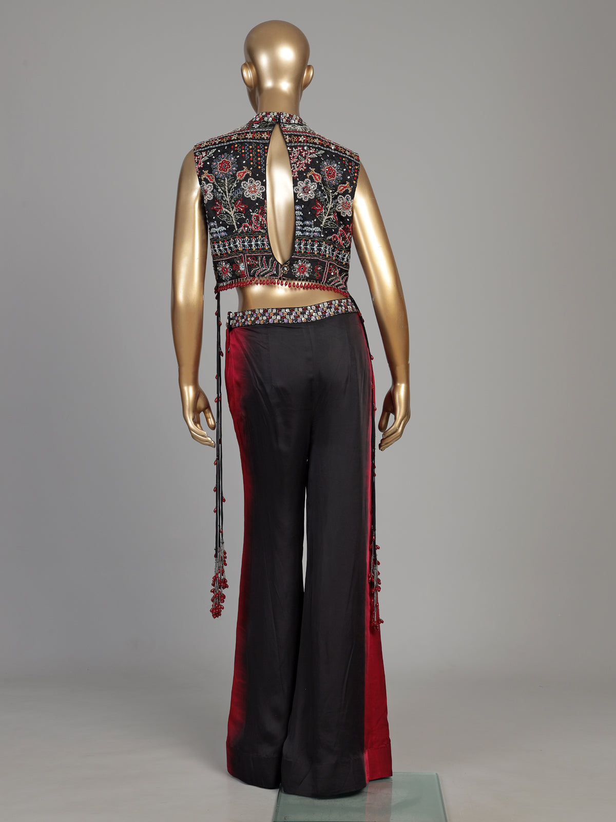 Black satin silk shaded palazzo suit with ornate bandhgala styling