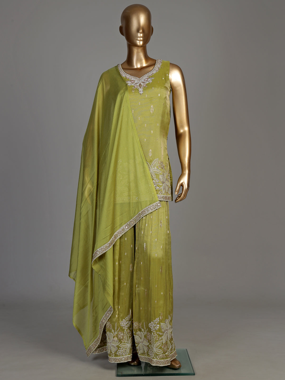 Pastel mehendi green silk palazzo suit with pearl embellishments