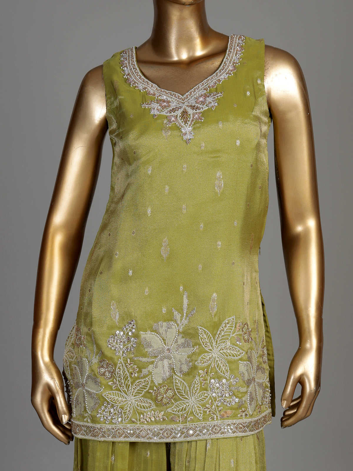 Pastel mehendi green silk palazzo suit with pearl embellishments