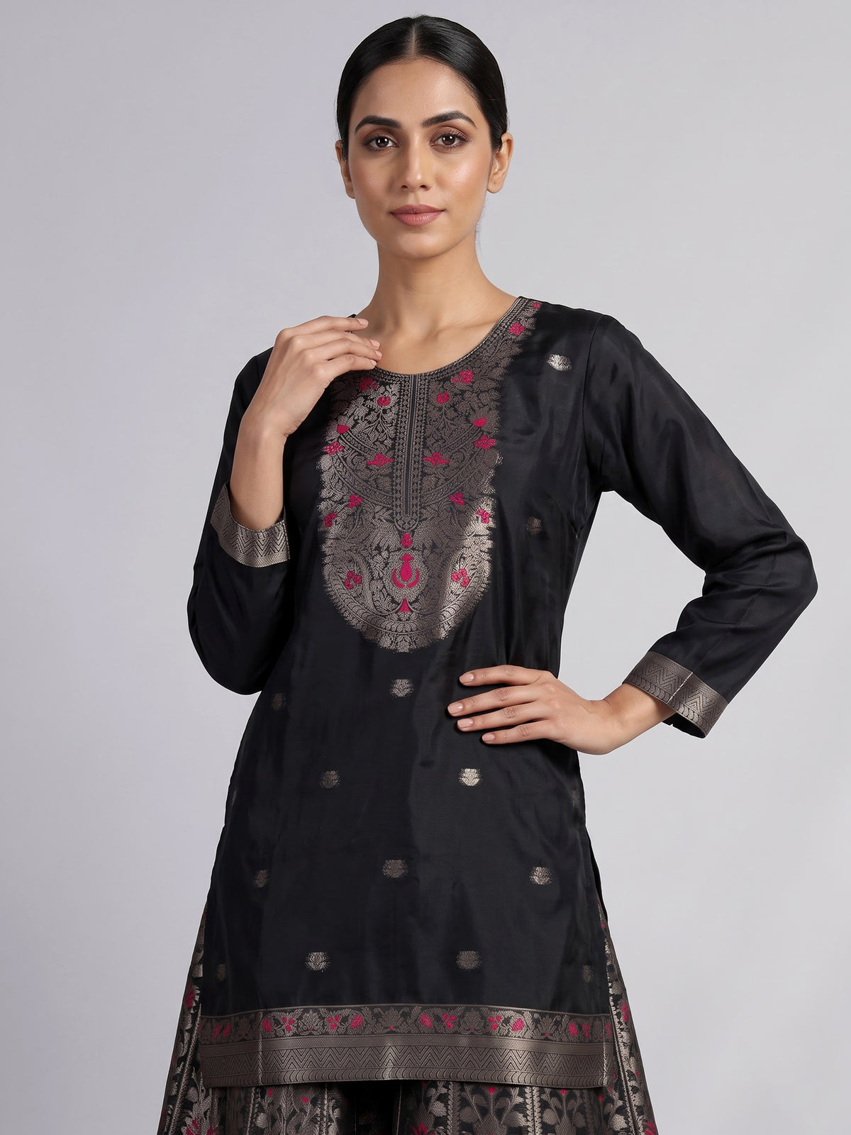 Black banarasi silk palazzo suit with an ornate zari yoke