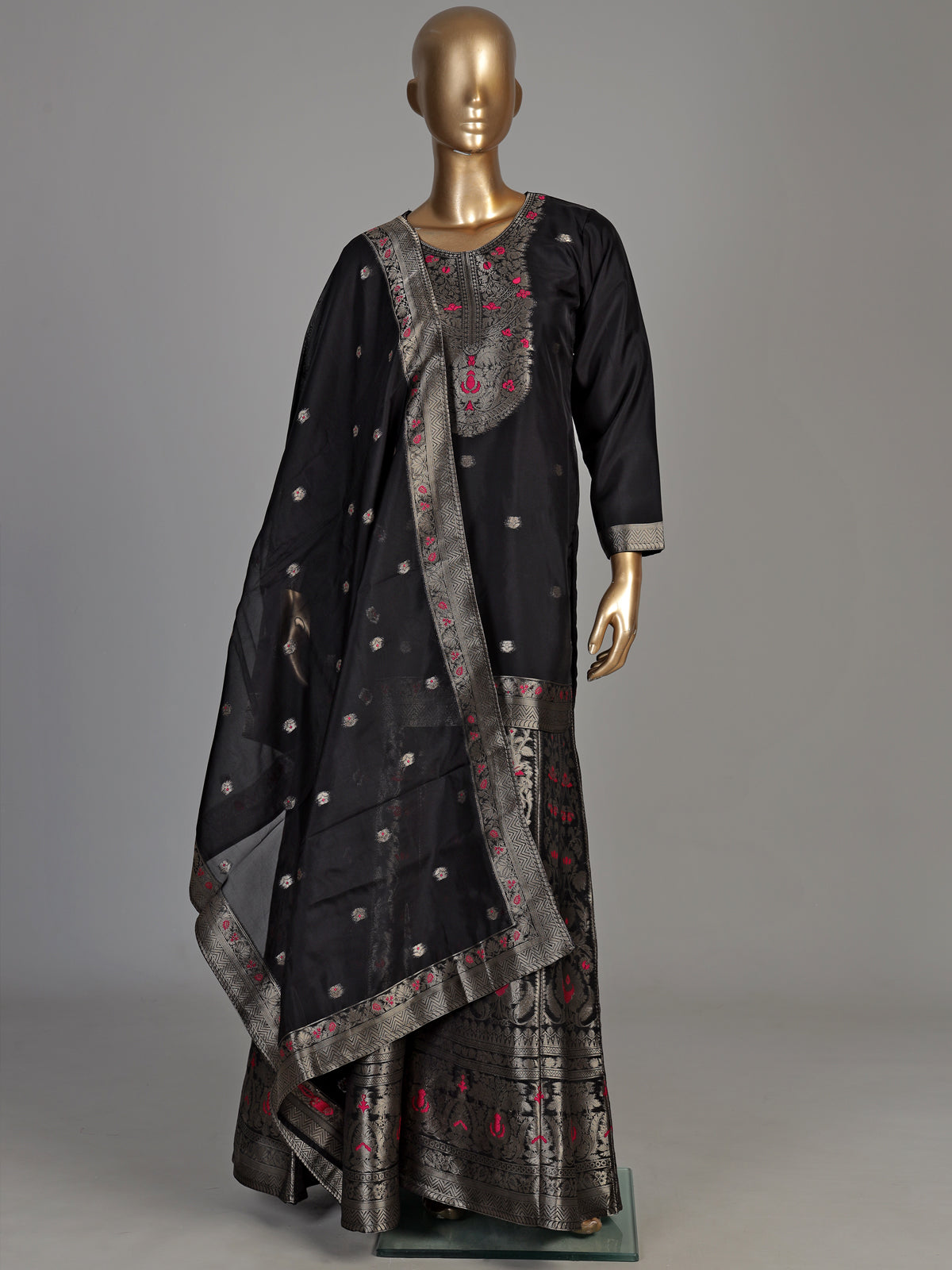 Black banarasi silk palazzo suit with an ornate zari yoke