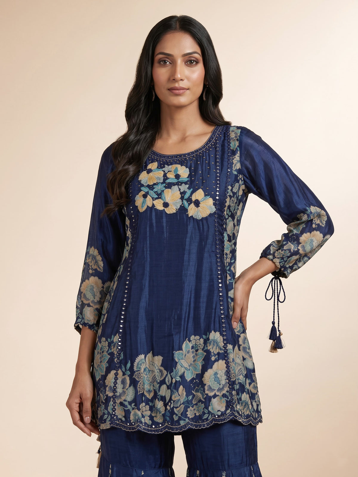 Blue silk palazzo suit with floral prints and resham work
