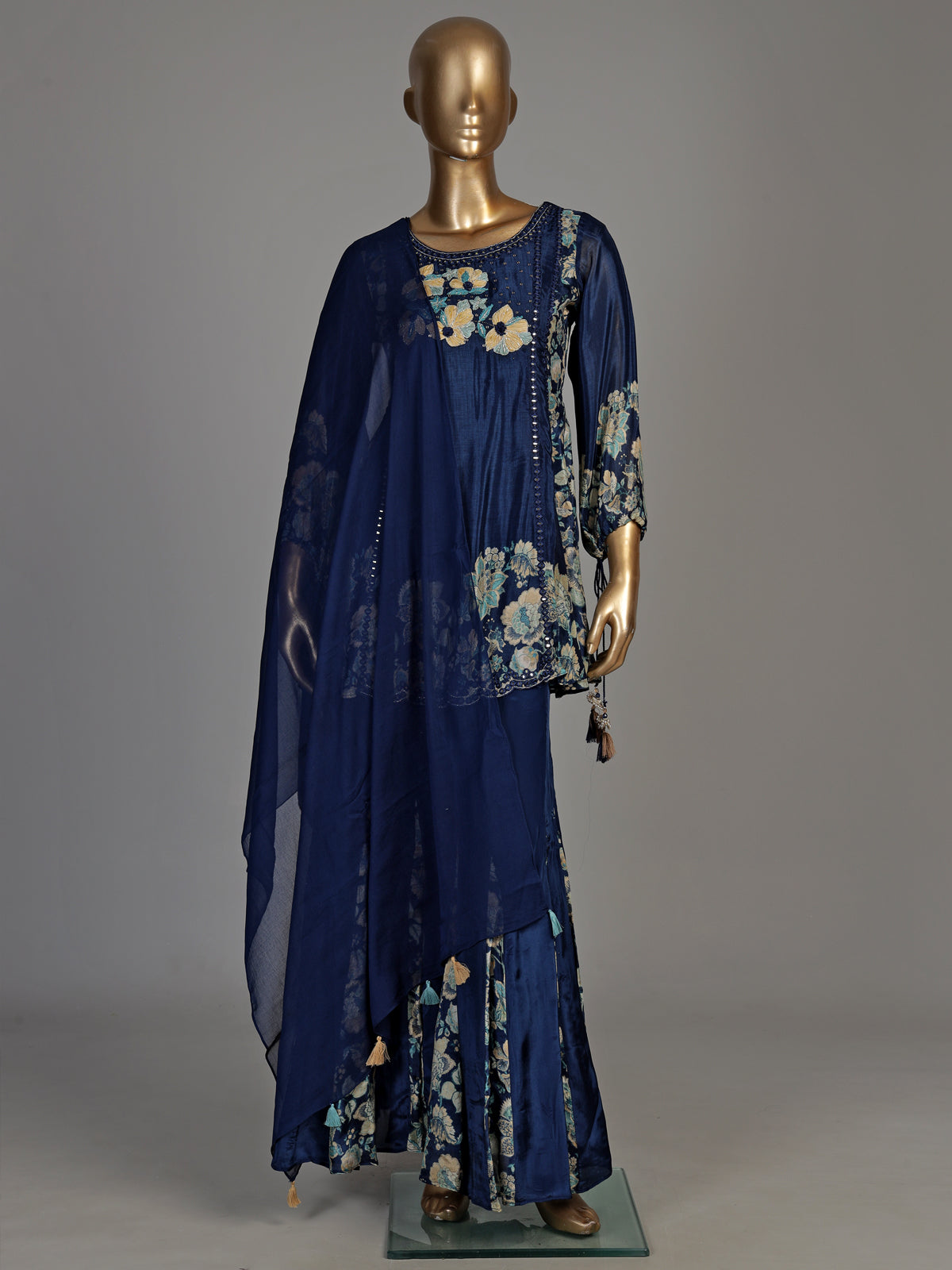 Blue silk palazzo suit with floral prints and resham work