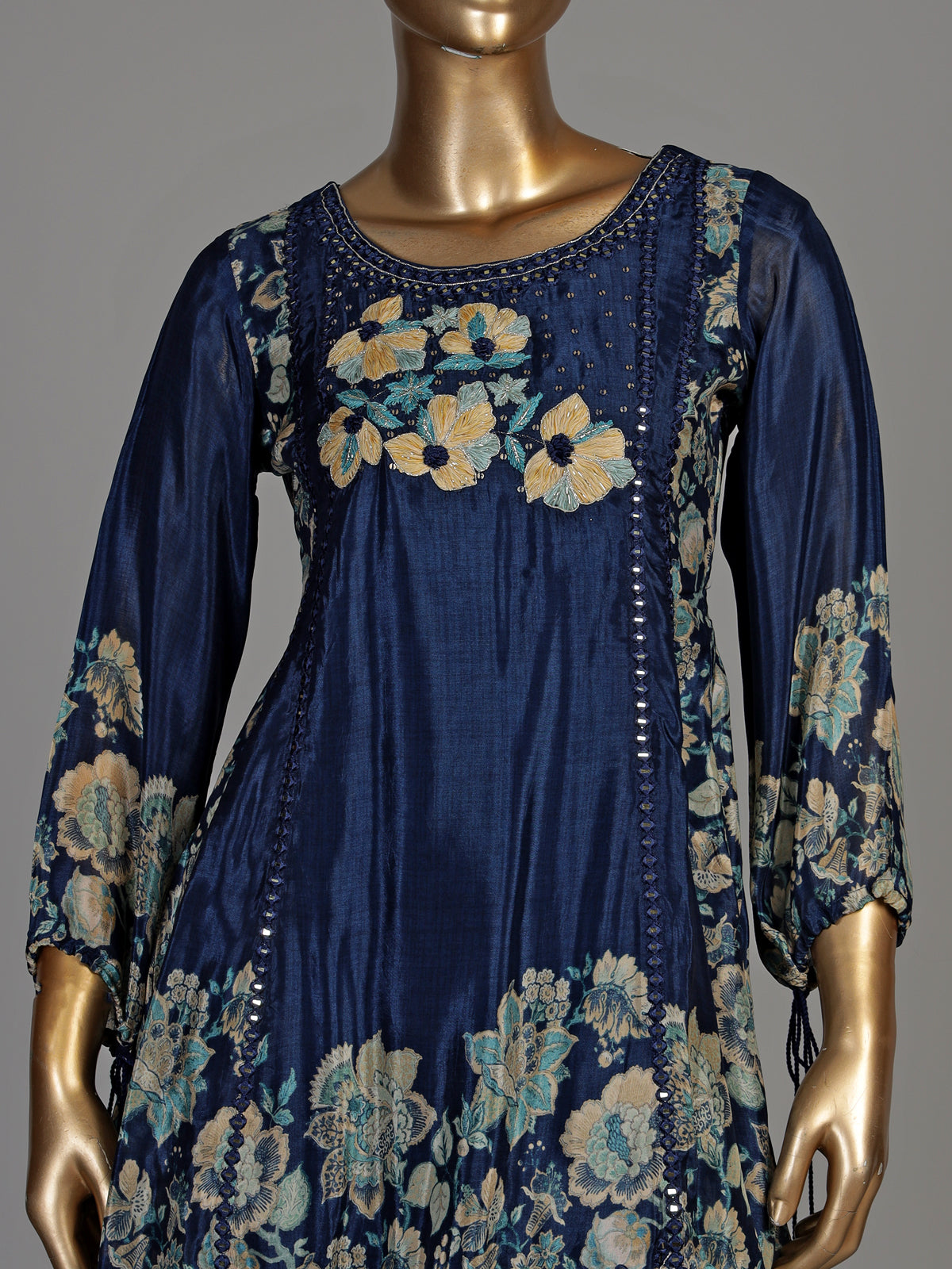 Blue silk palazzo suit with floral prints and resham work