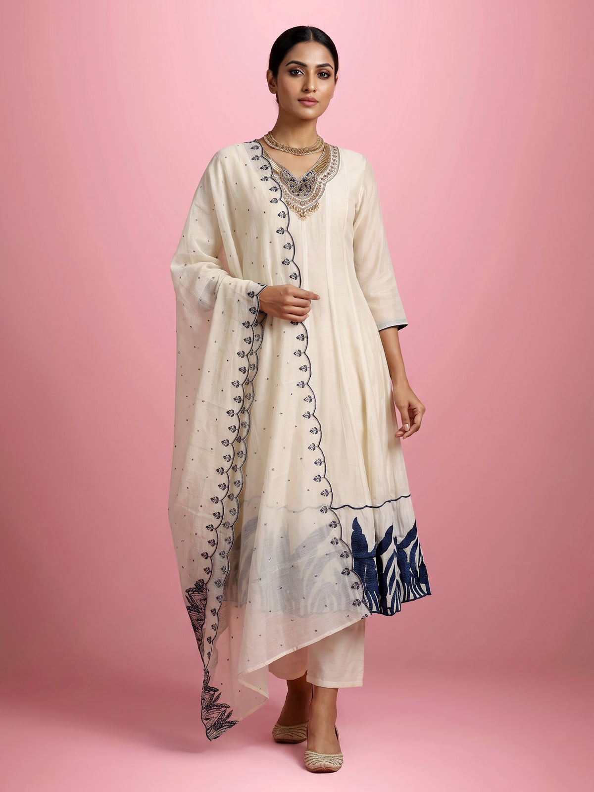 Cream viscose anarkali palazzo suit with intricate zardosi work