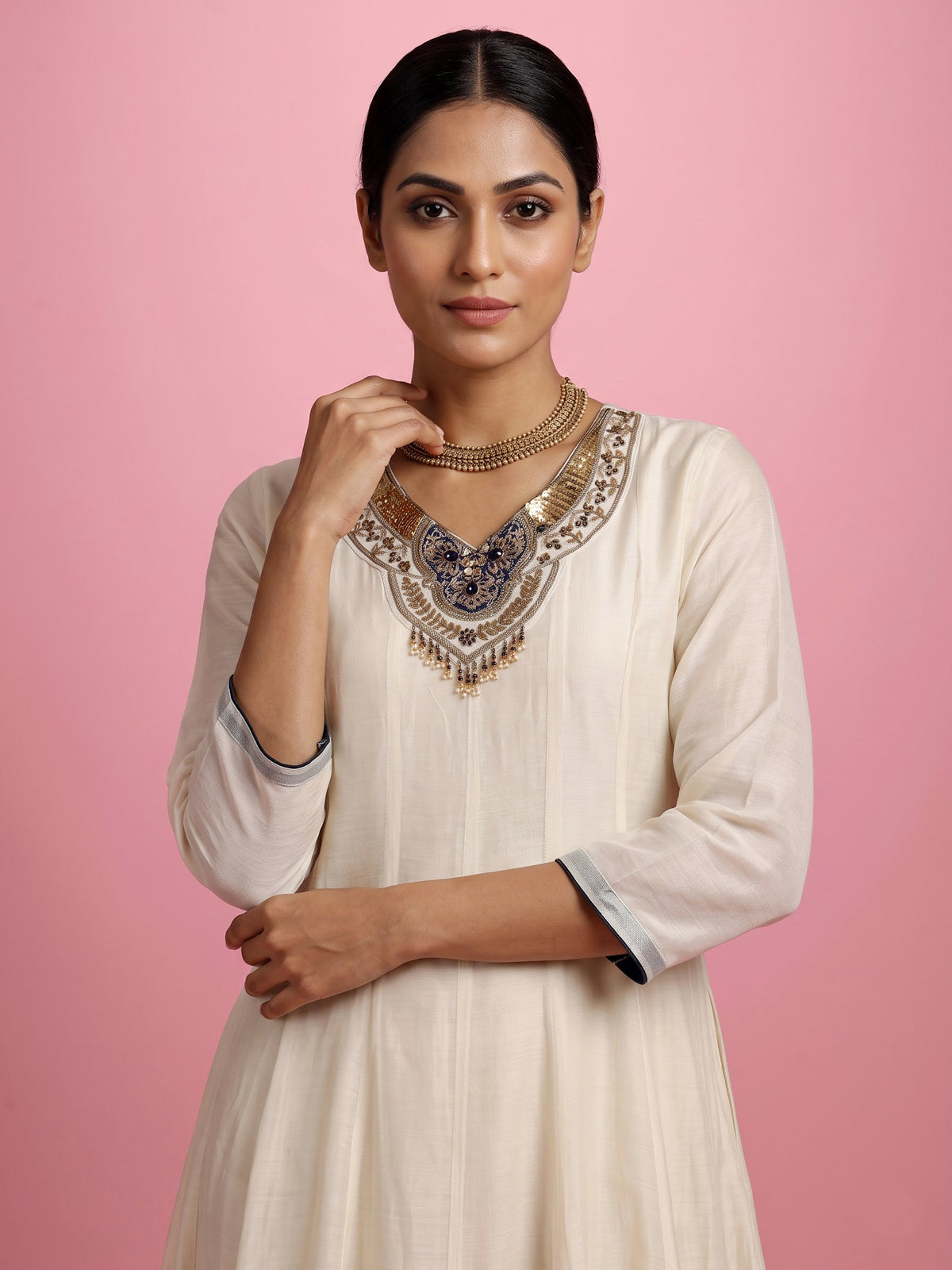 Cream viscose anarkali palazzo suit with intricate zardosi work
