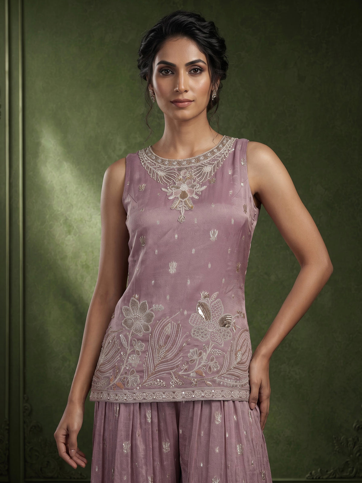 Lavender purple tissue georgette palazzo suit with pearl detailing