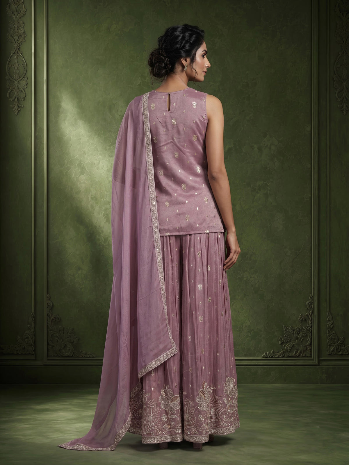 Lavender purple tissue georgette palazzo suit with pearl detailing