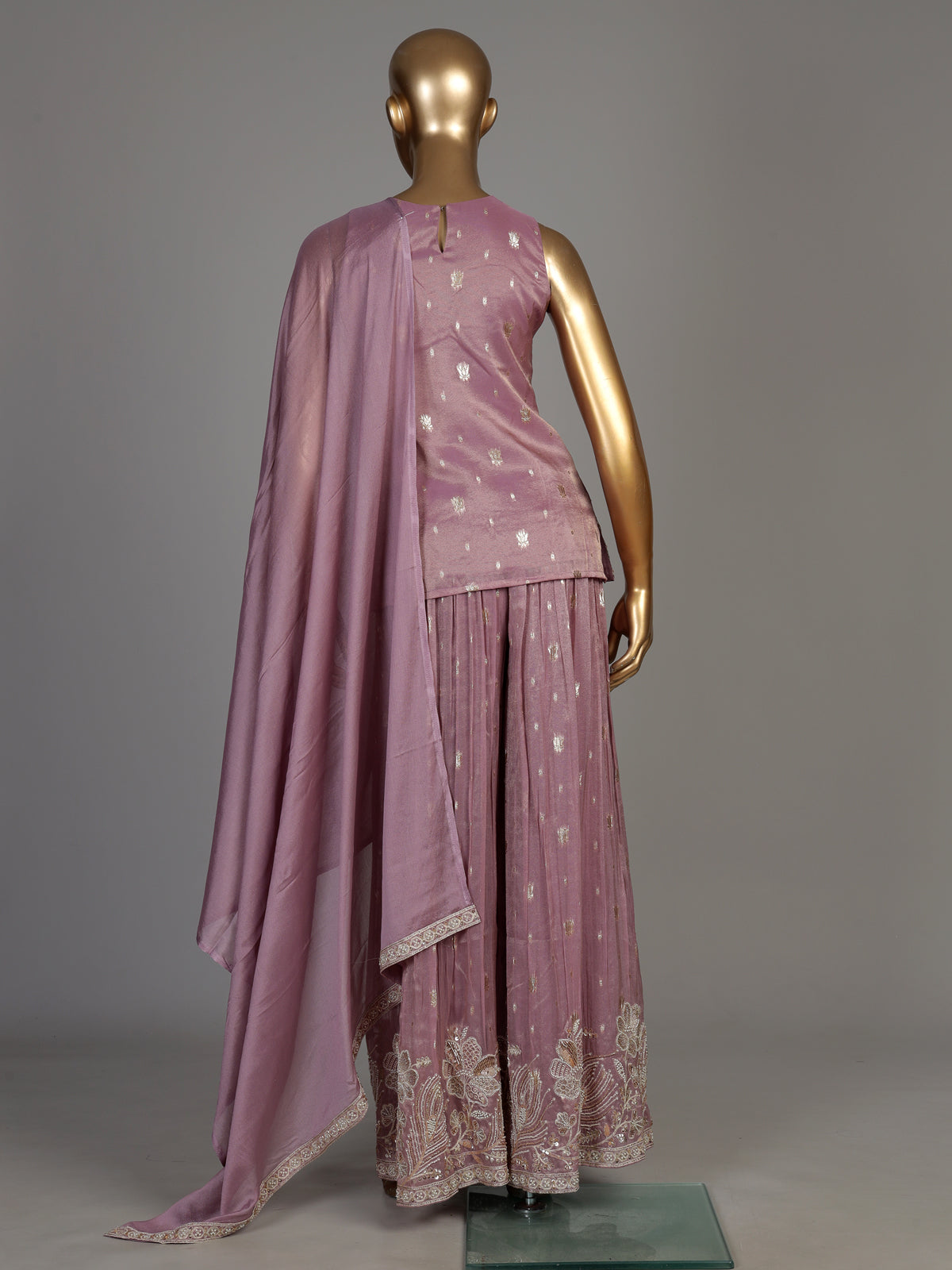 Lavender purple tissue georgette palazzo suit with pearl detailing