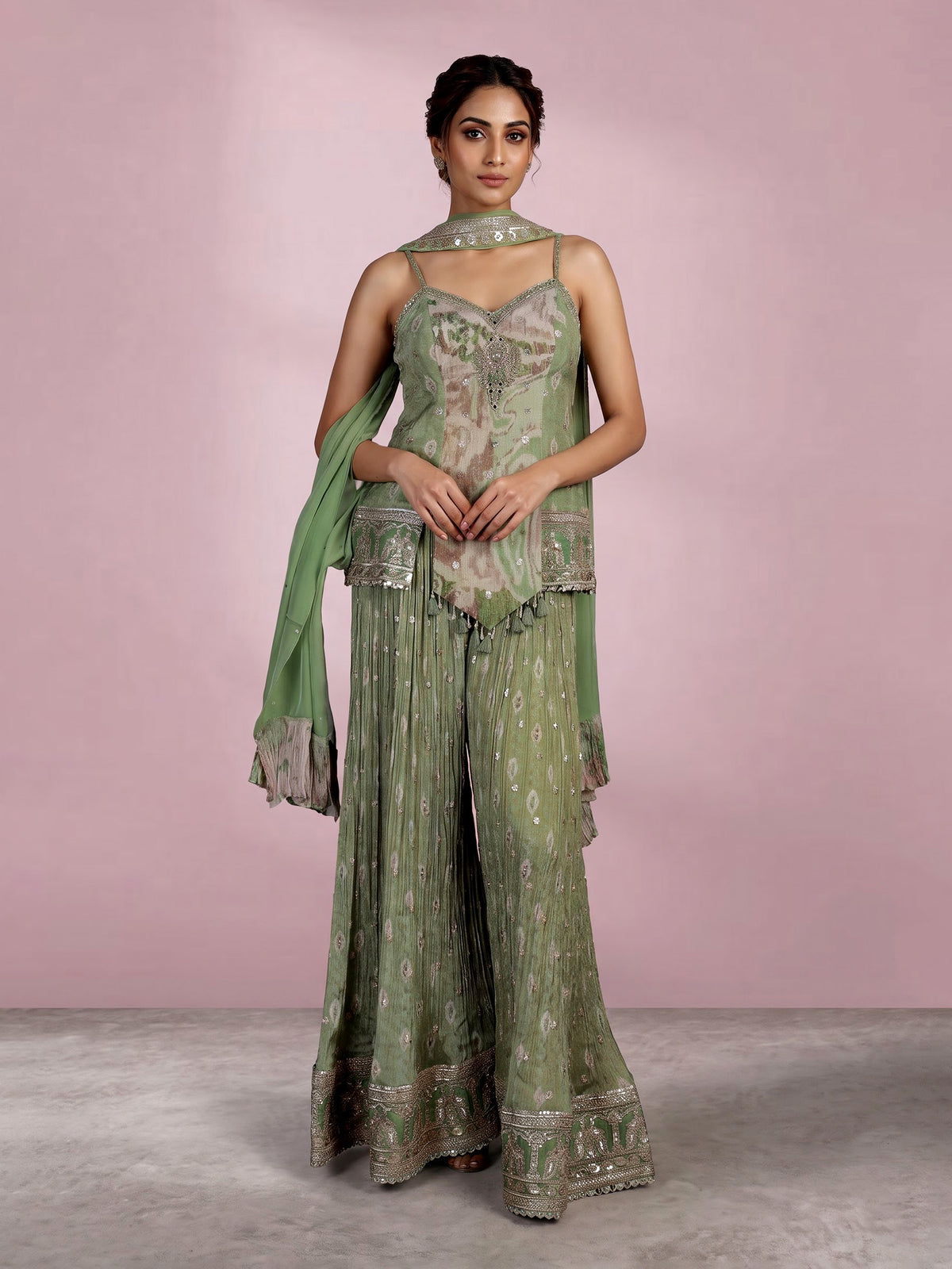Pista green silk palazzo suit with floral prints and zardosi work