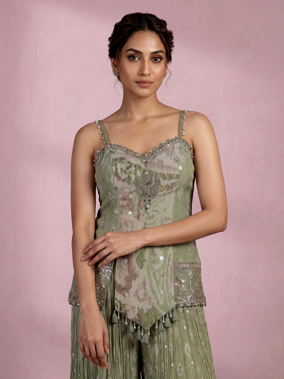 Pista green silk palazzo suit with floral prints and zardosi work