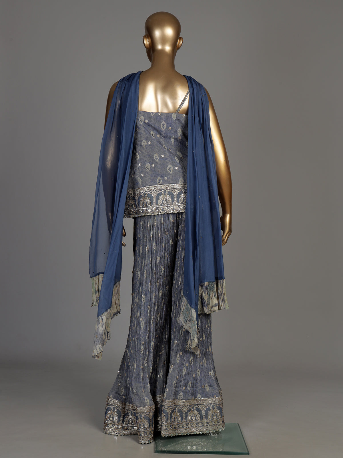 Stone grey silk palazzo suit with intricate mirror embellishments