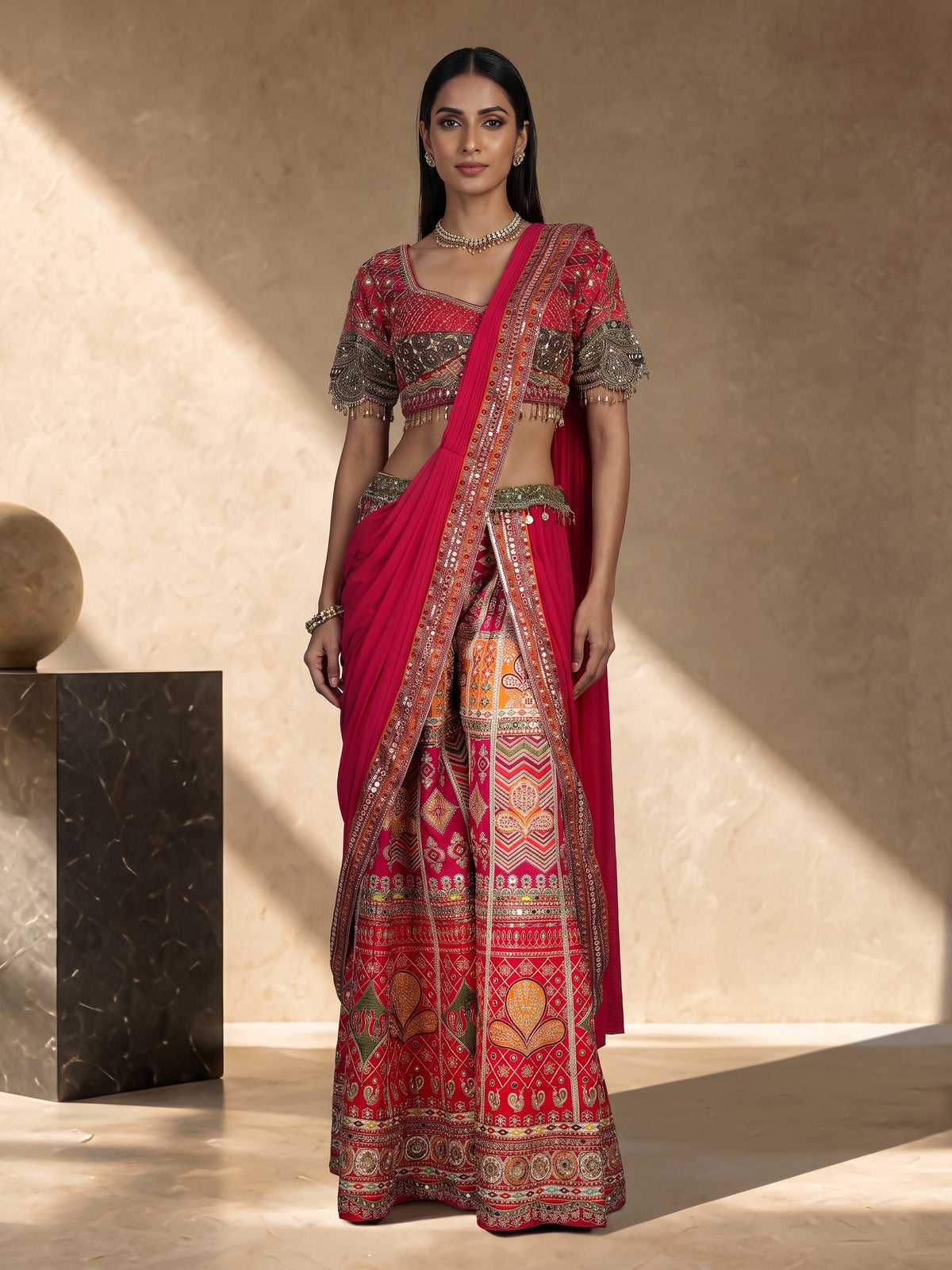Rani pink silk palazzo suit with an embellished georgette dupatta