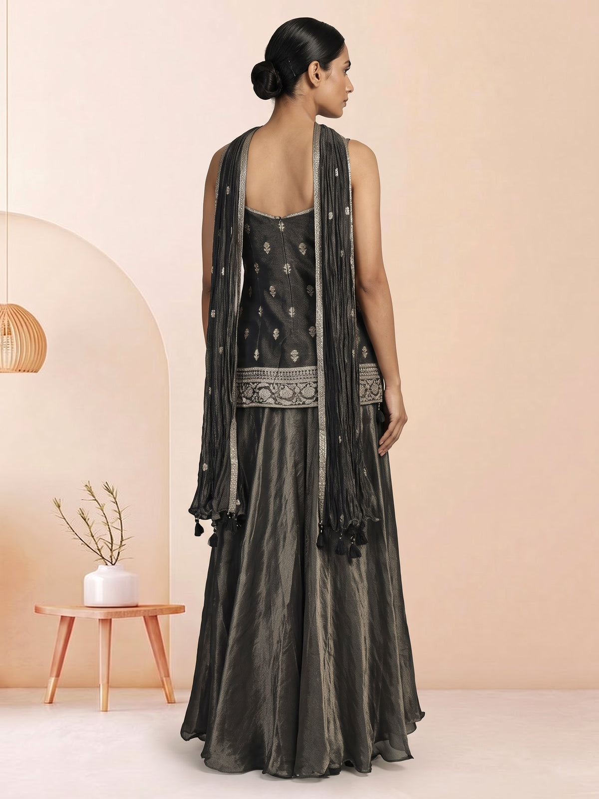 Charcoal grey tissue silk palazzo suit with zari embellishments