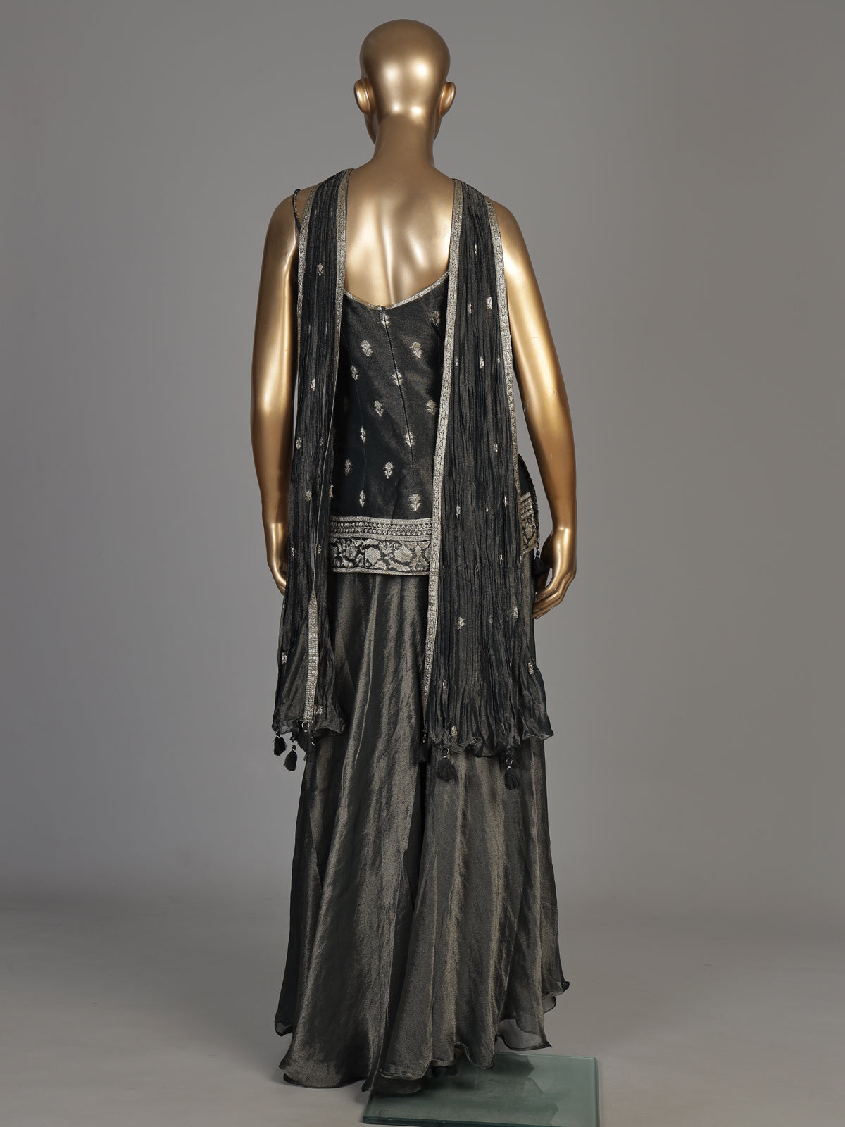 Charcoal grey tissue silk palazzo suit with zari embellishments