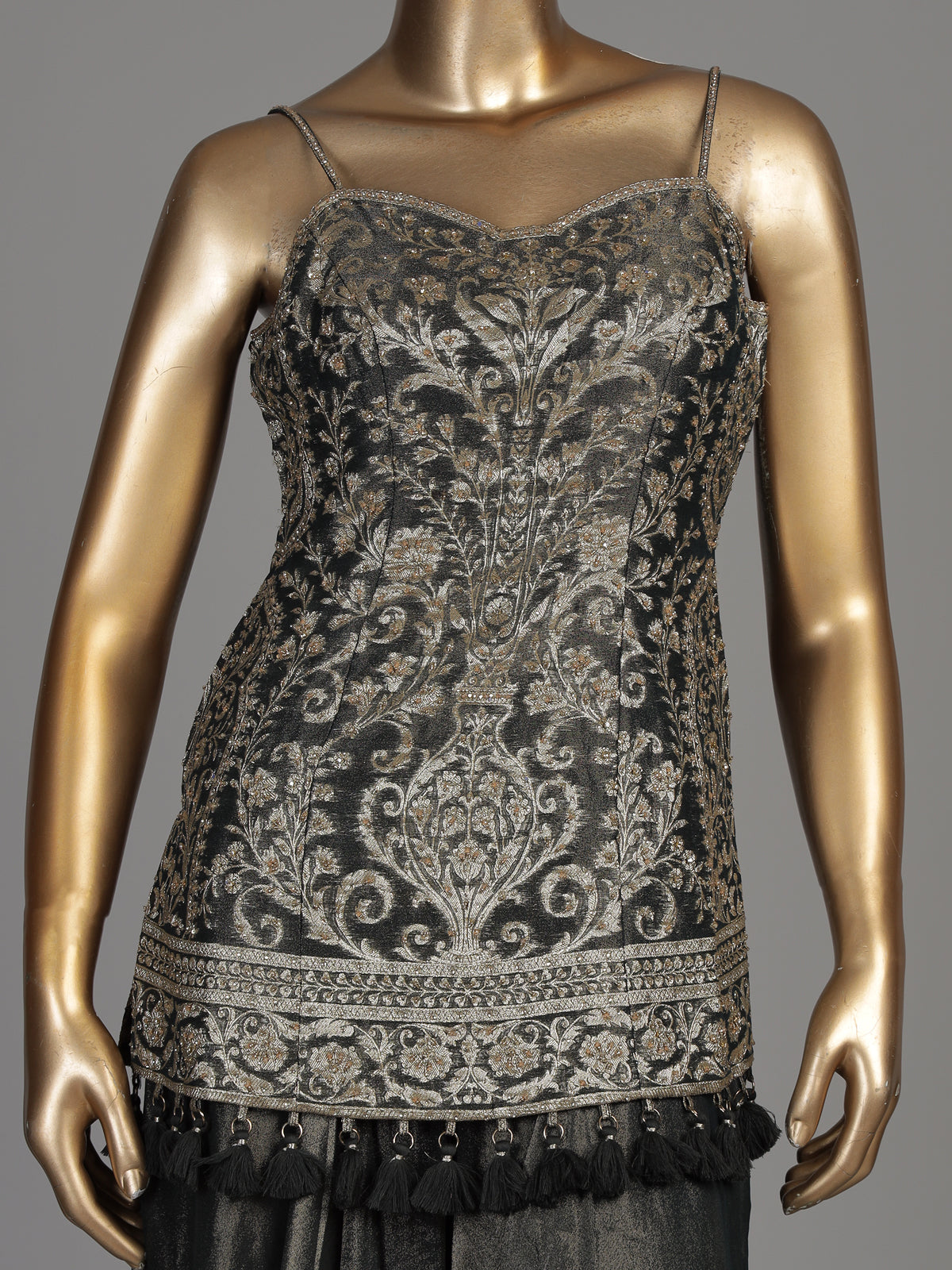 Charcoal grey tissue silk palazzo suit with zari embellishments