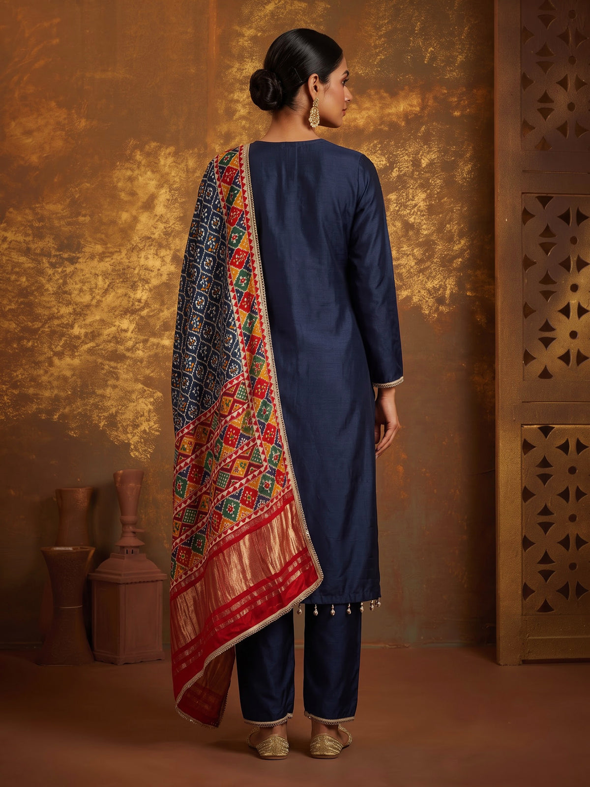 Navy blue silk anarkali suit with Patola printed dupatta