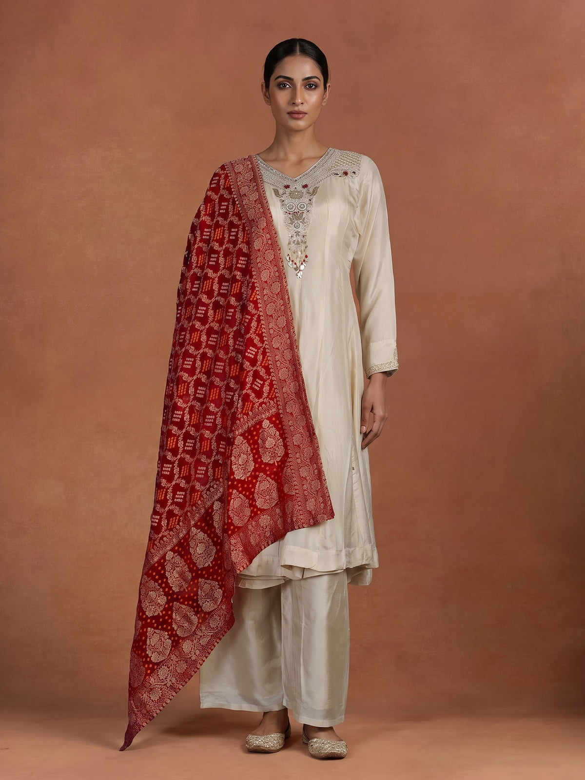 Cream silk anarkali palazzo suit with contrast dupatta