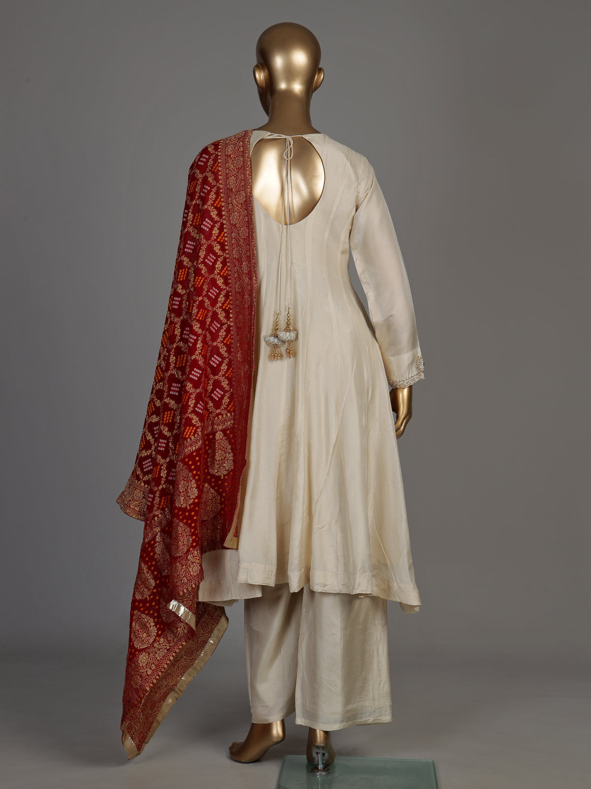 Cream silk anarkali palazzo suit with contrast dupatta