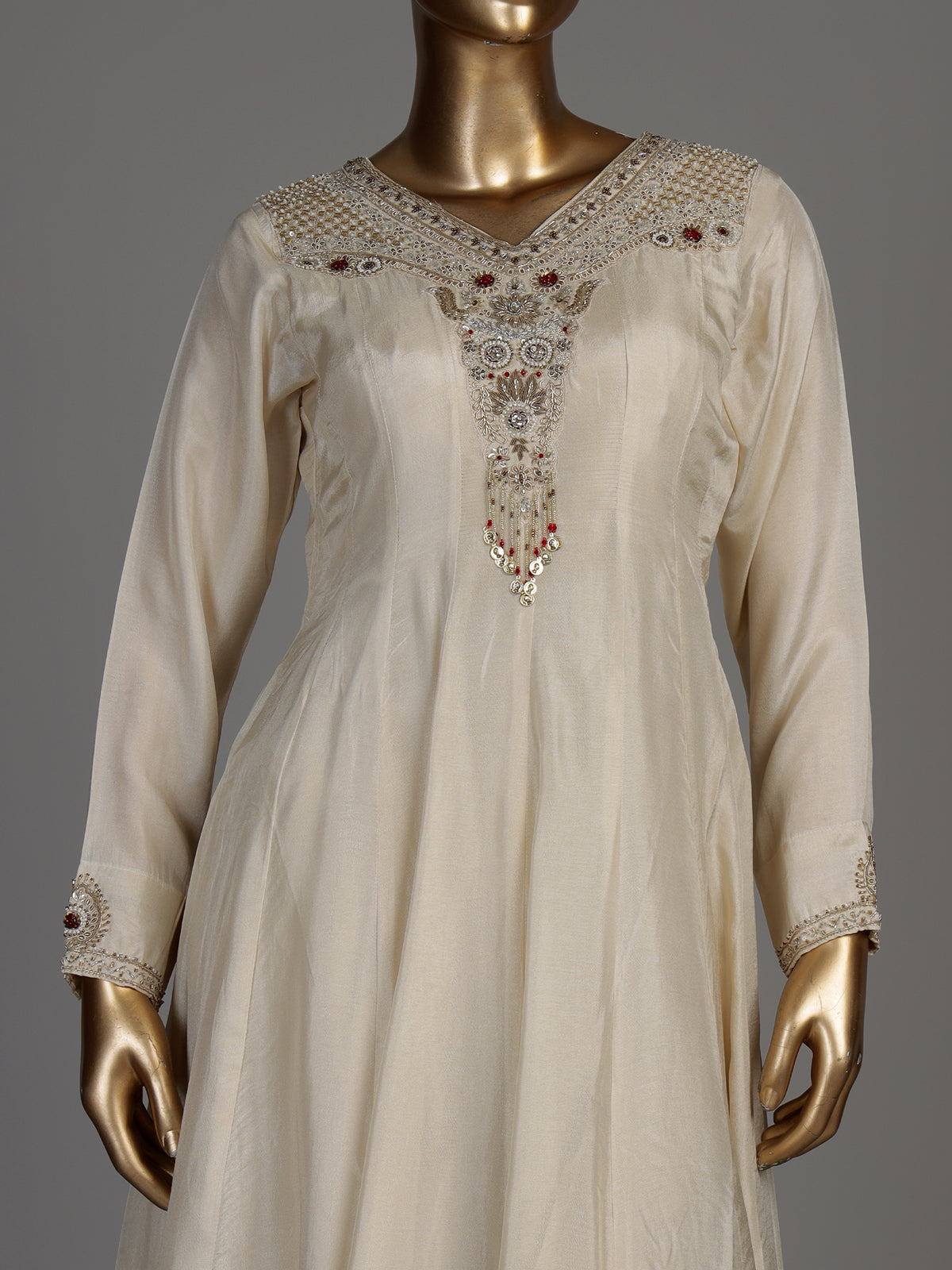 Cream silk anarkali palazzo suit with contrast dupatta