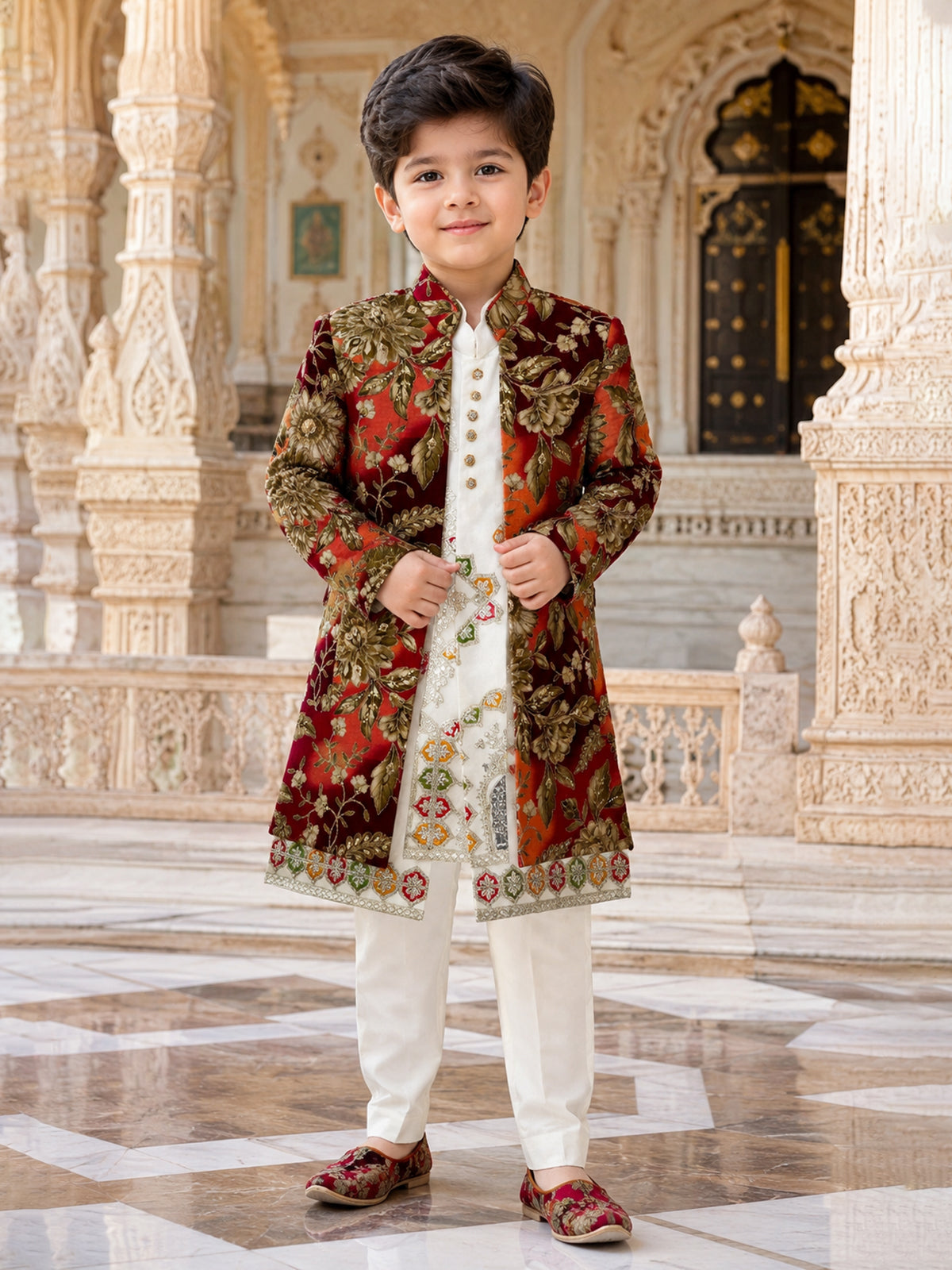 Off white vintage tapestry boy indo western suit