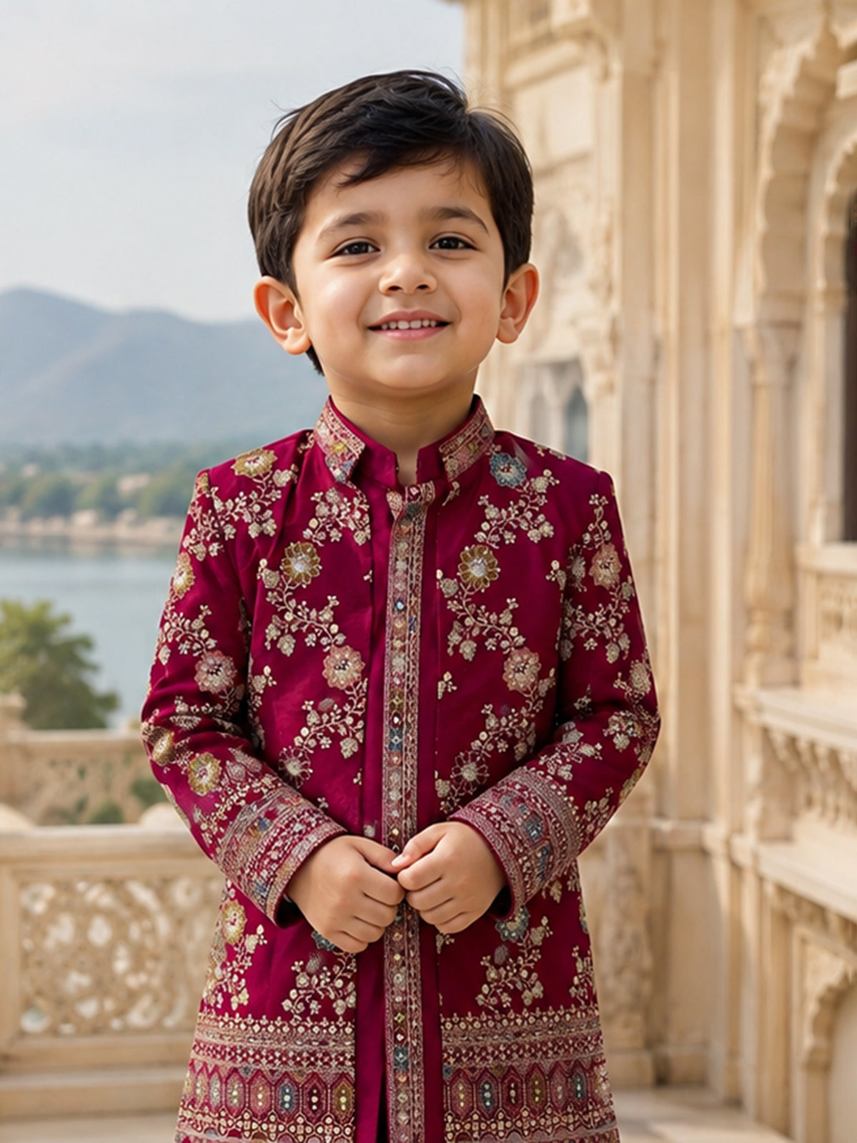 Wine red embellished boy indo western silk suit