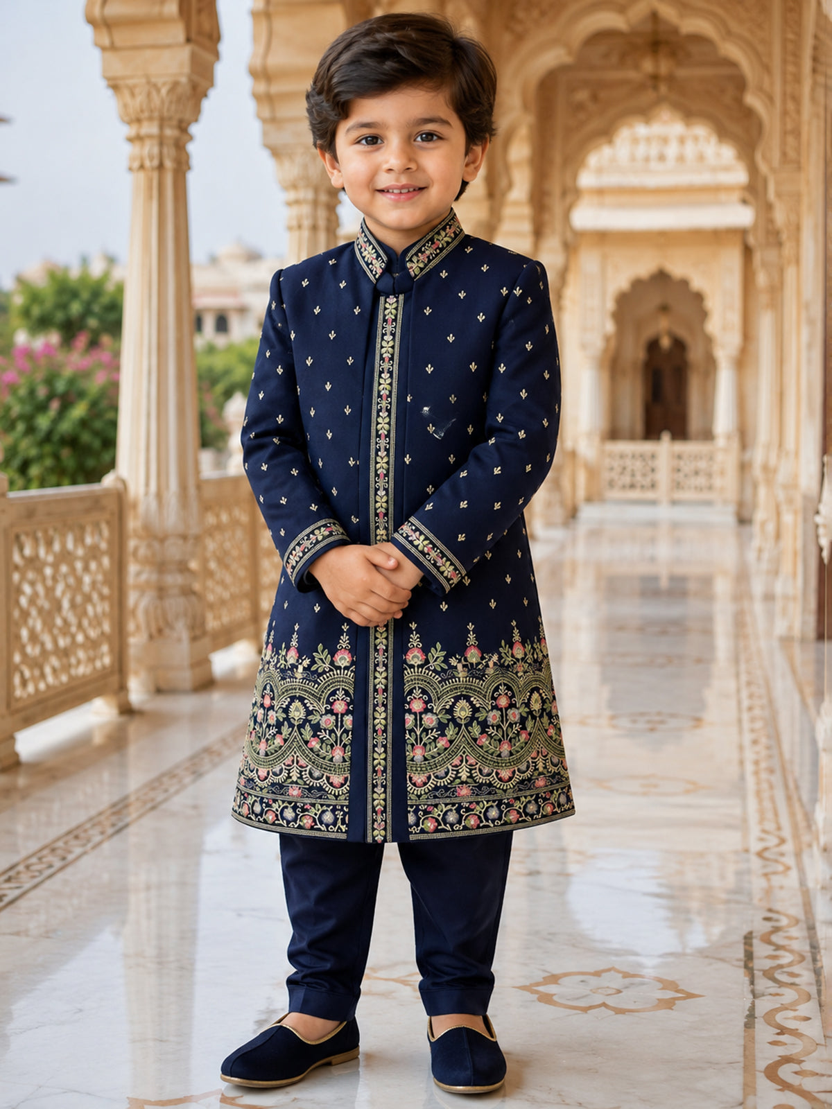 Blue embroidery printed boy indo western jacket suit