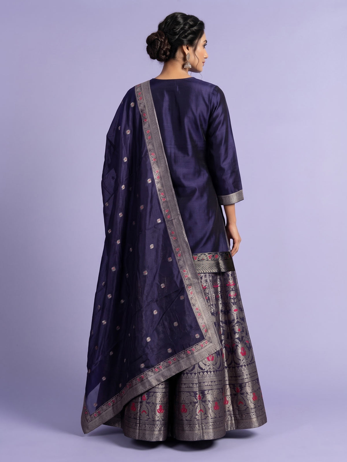 Navy blue banarasi silk palazzo suit with zari yoke