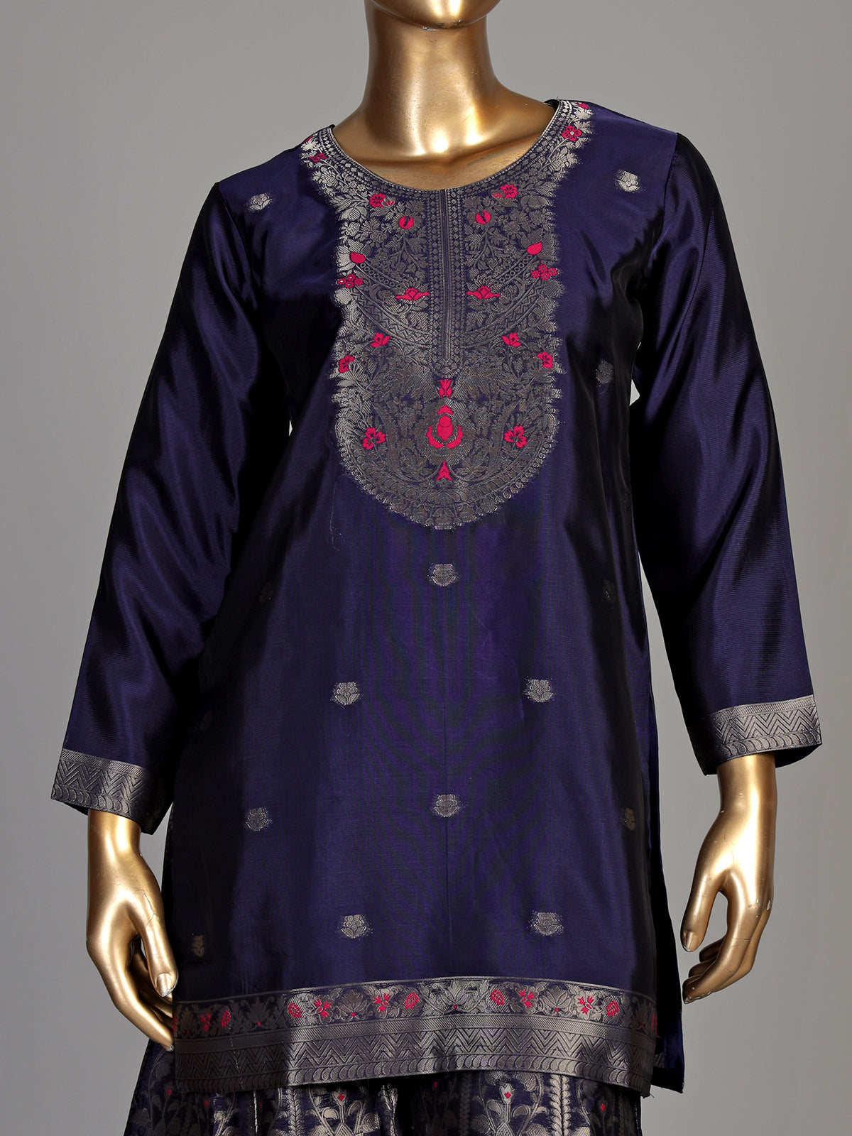 Navy blue banarasi silk palazzo suit with zari yoke