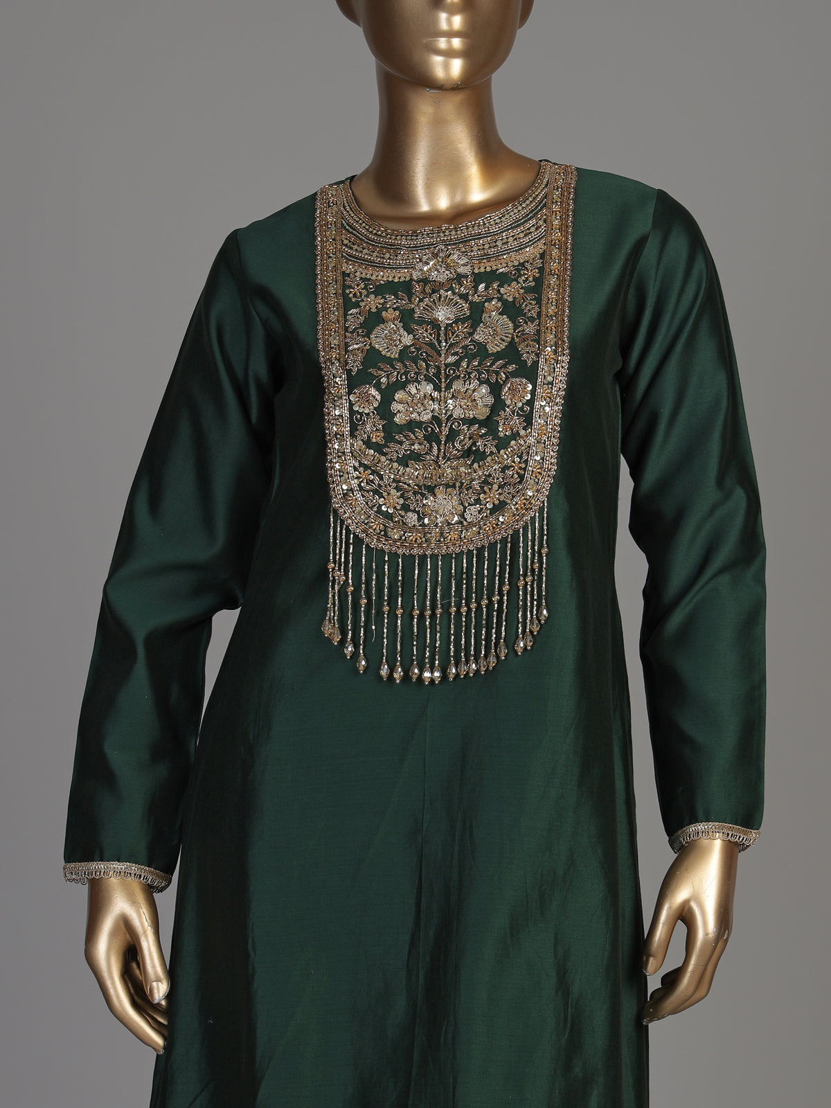 Bottle green silk anarkali suit with patola printed dupatta