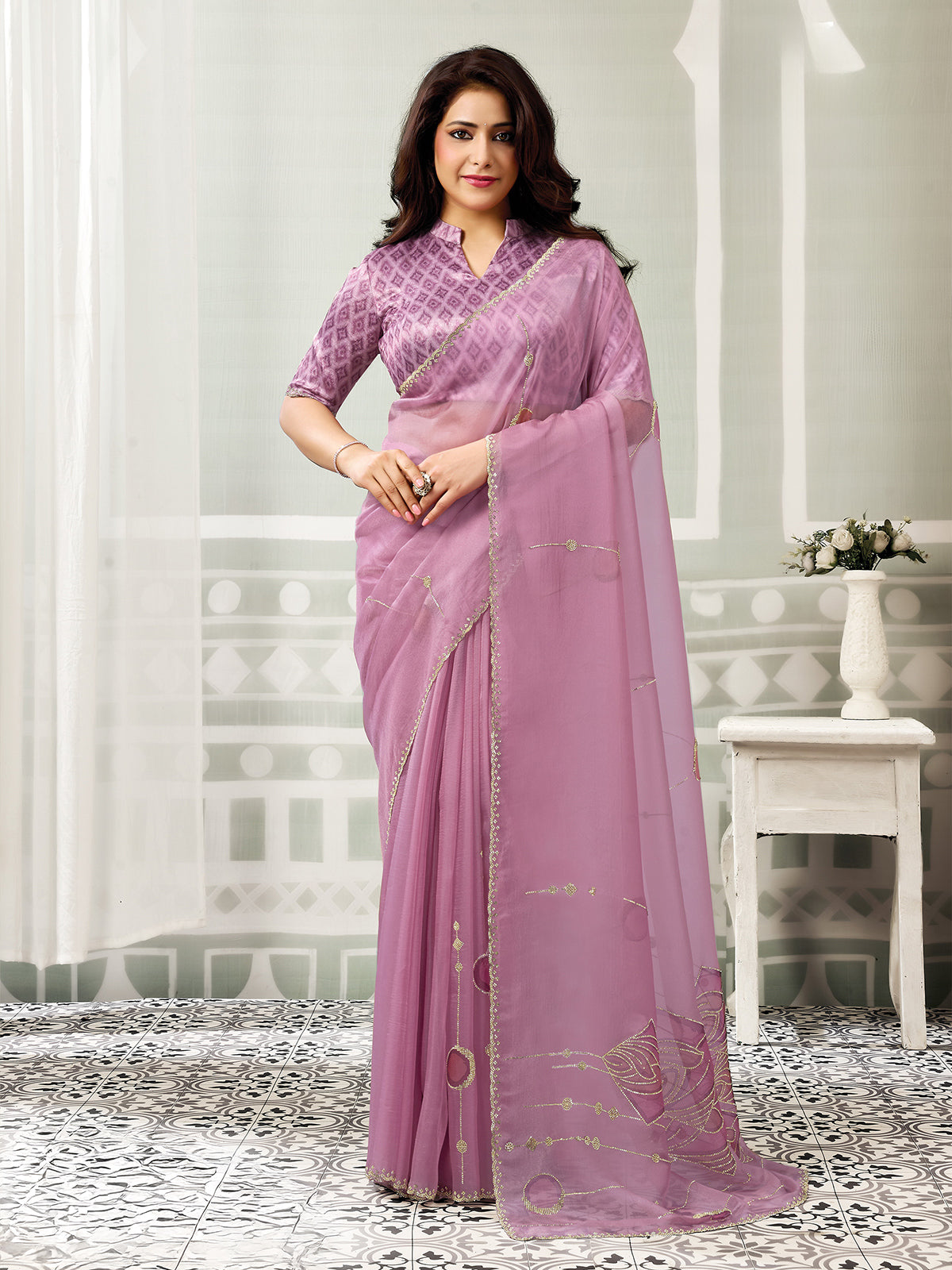 Onion pink Swarovski sparkle organza tissue women saree