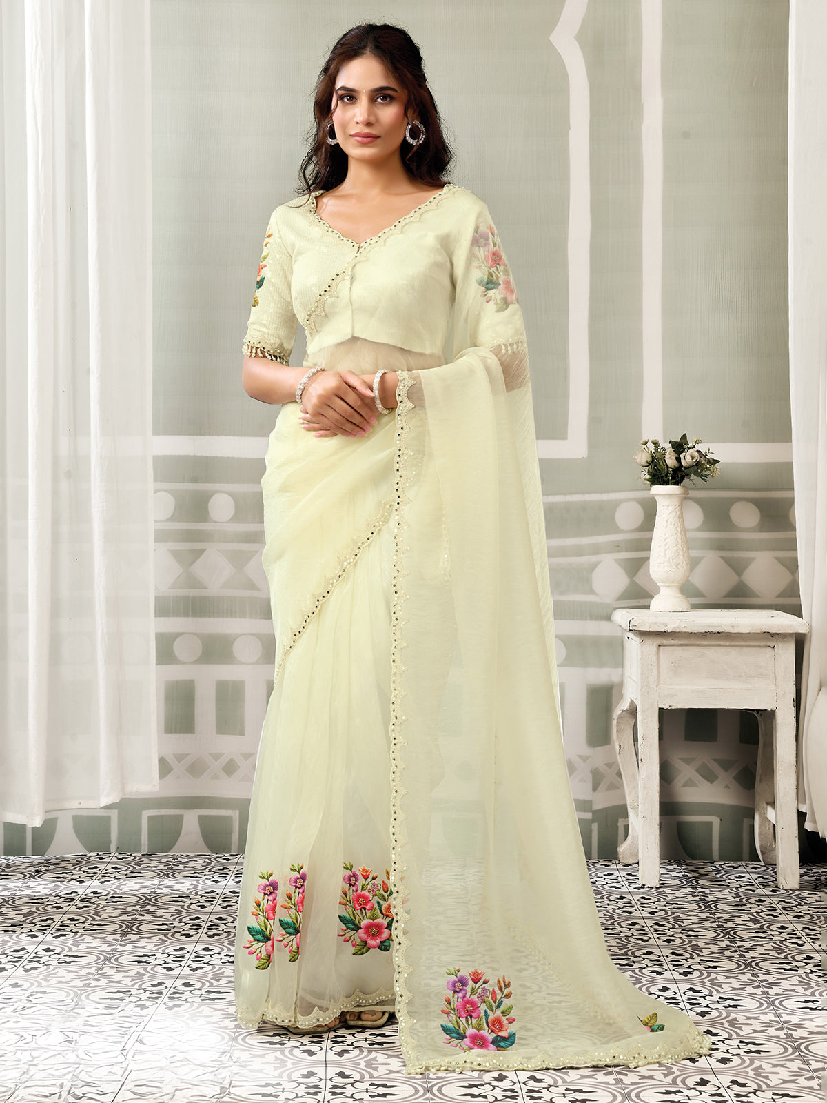 Lime yellow mirror charm organza satin women saree