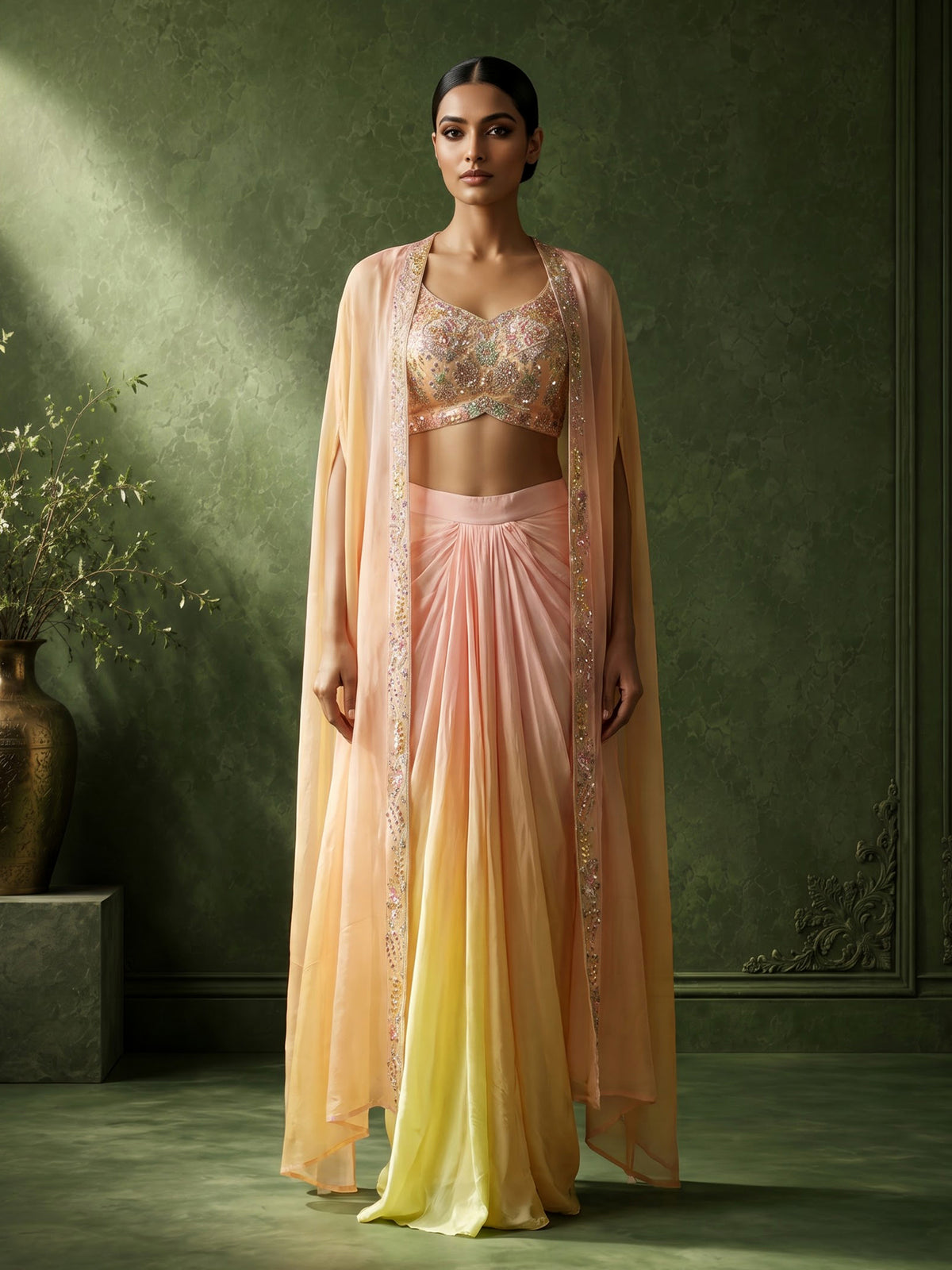 Pink satin crepe Indo-Western suit with embellished shrug