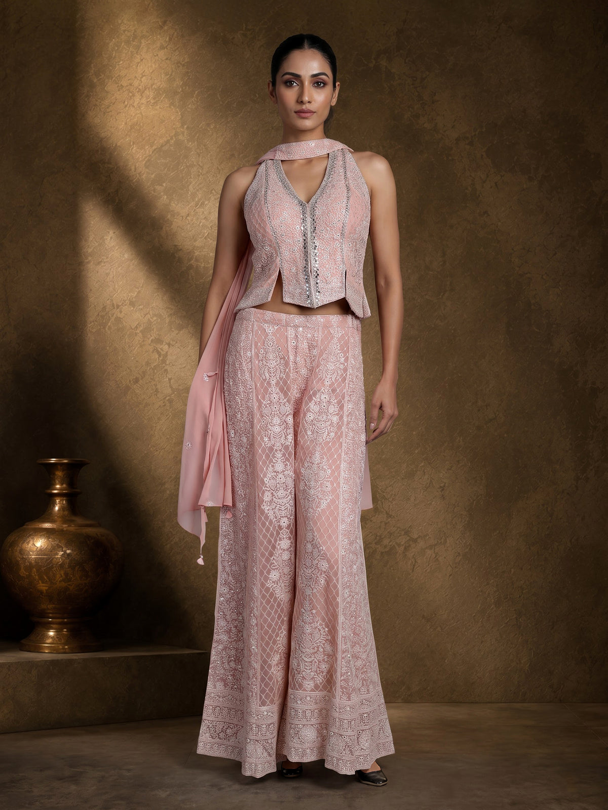 Light peach georgette palazzo suit with mirror and zardosi work