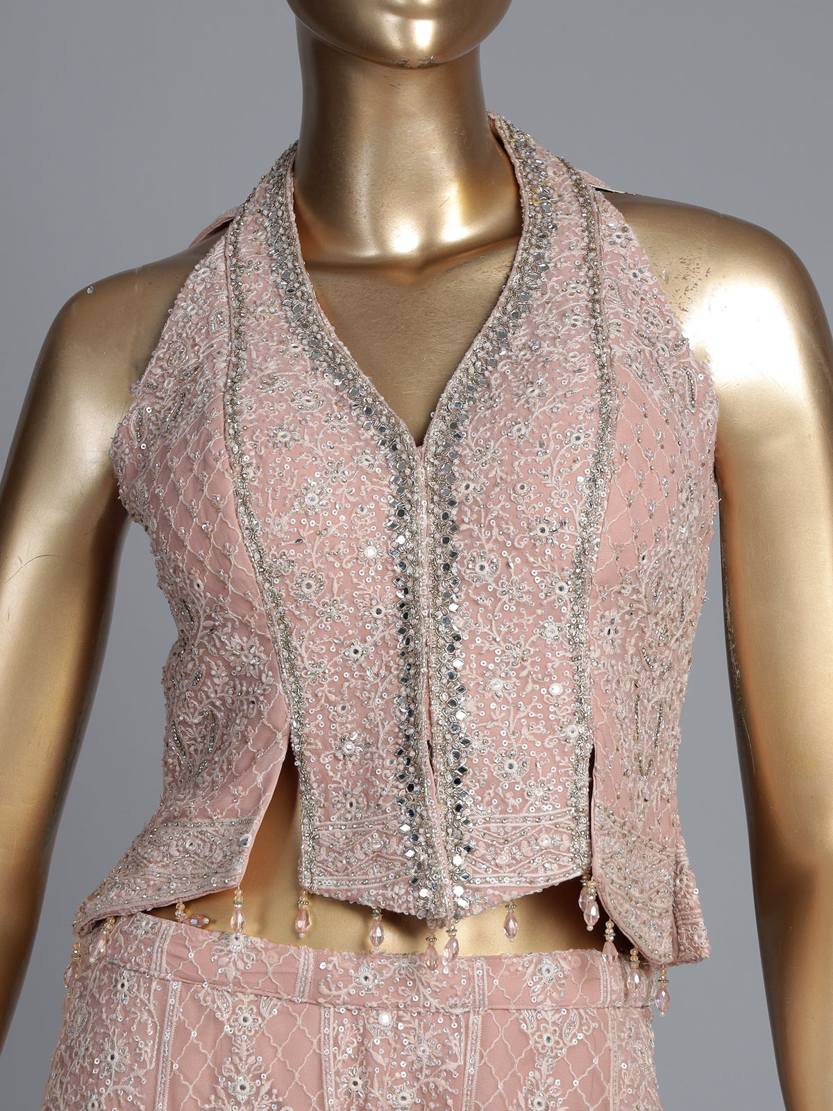 Light peach georgette palazzo suit with mirror and zardosi work