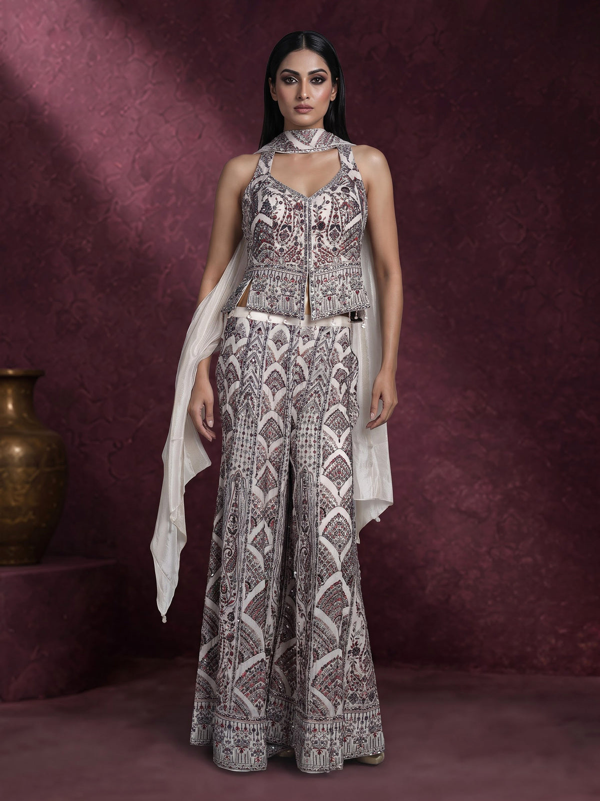 Off-white tissue silk palazzo suit with sequin work