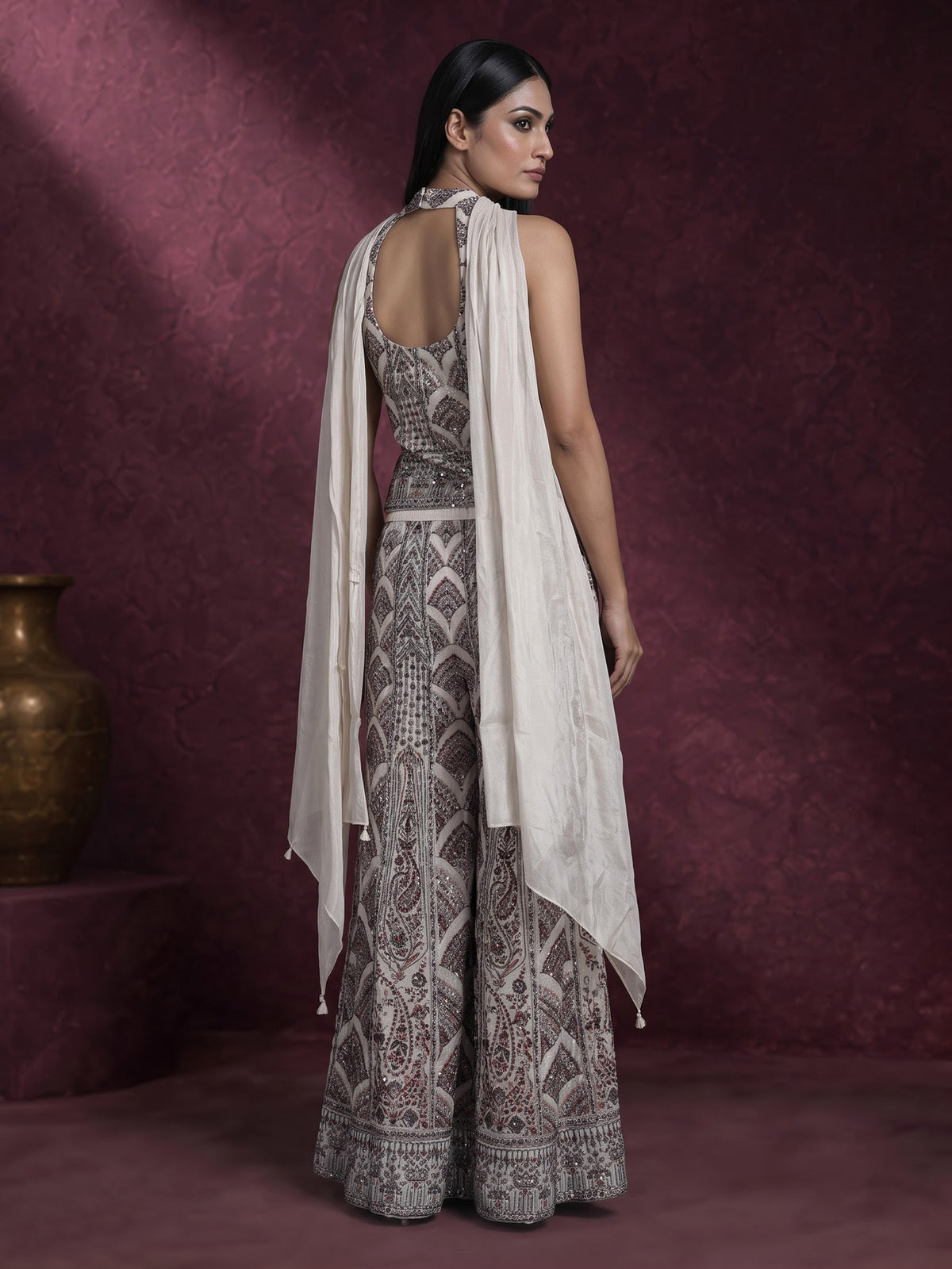 Off-white tissue silk palazzo suit with sequin work