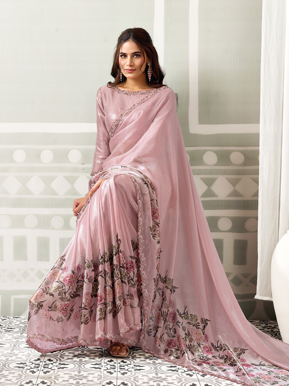 Pastel pink digital bloom satin silk women saree