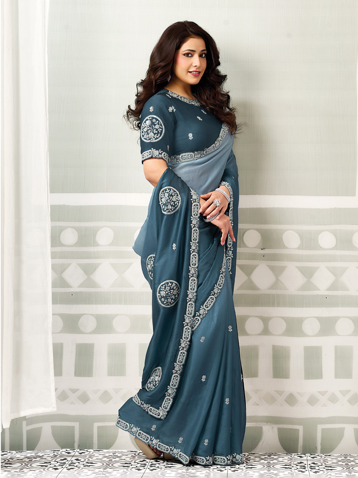Rama blue shaded artistry satin silk women saree