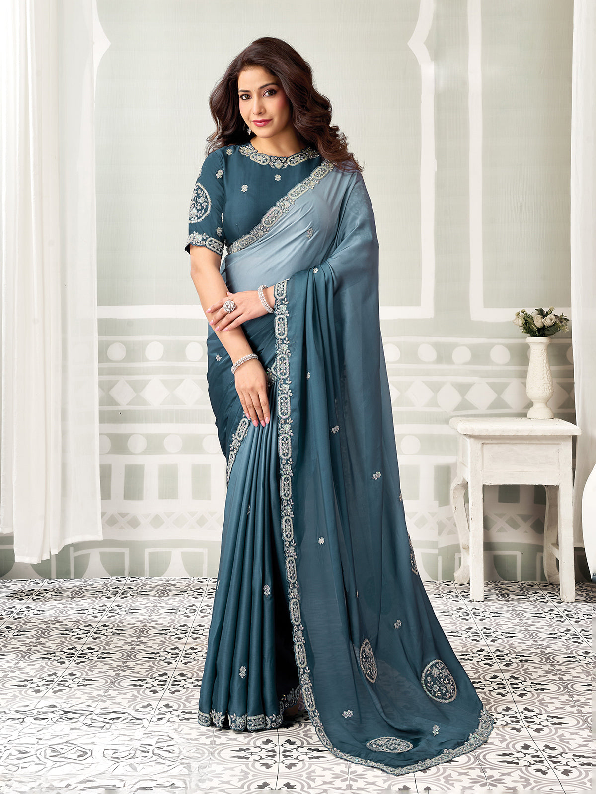 Rama blue shaded artistry satin silk women saree