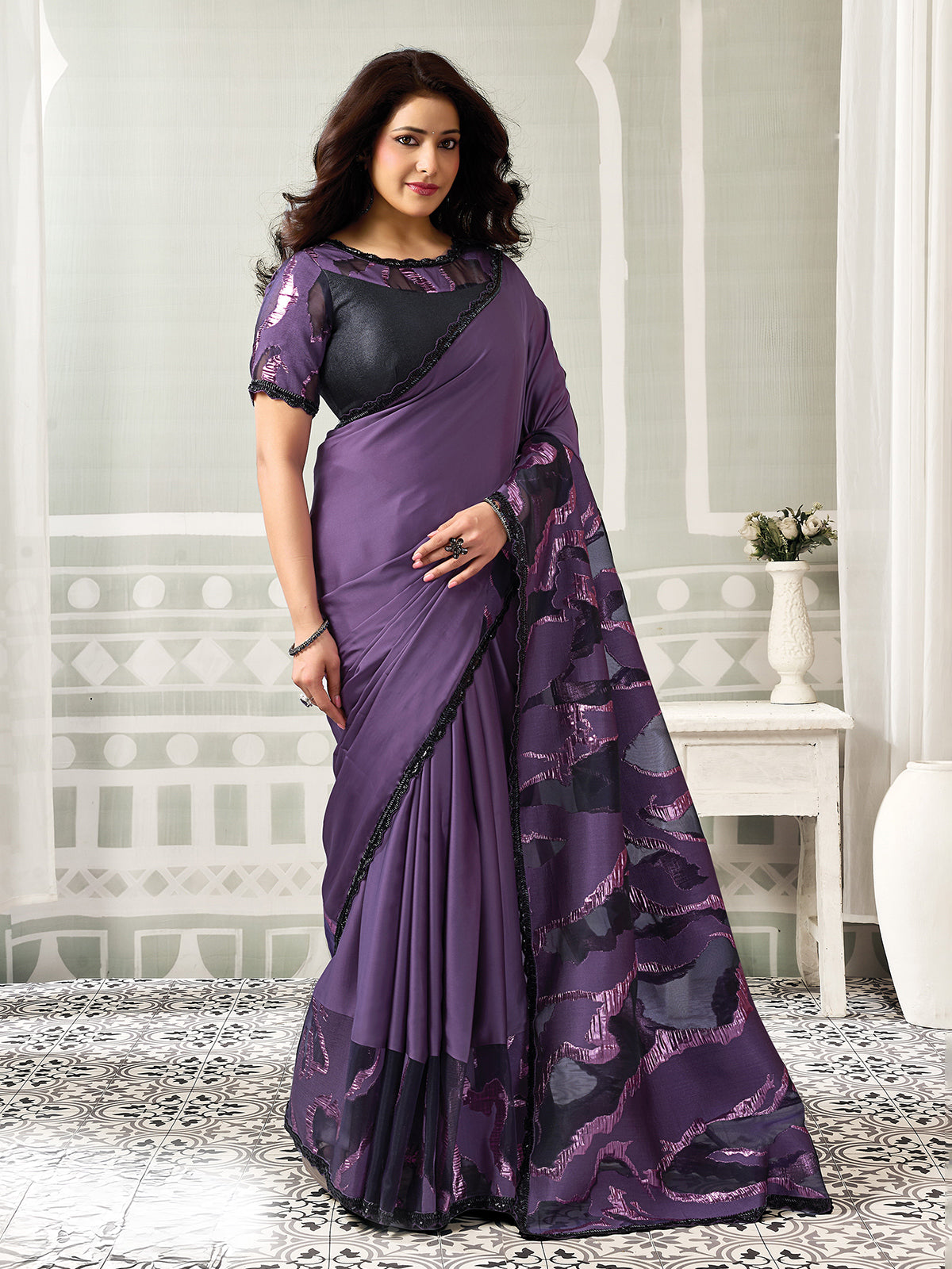 Purple abstract artistry jacquard satin silk women saree
