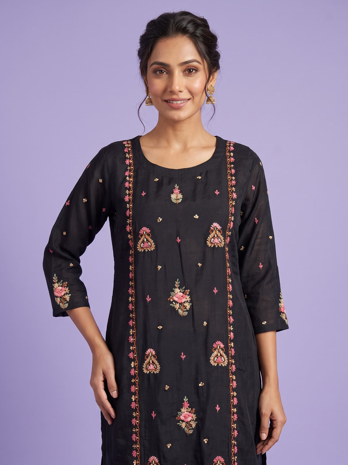 Black silk kurti set with floral sequin accents