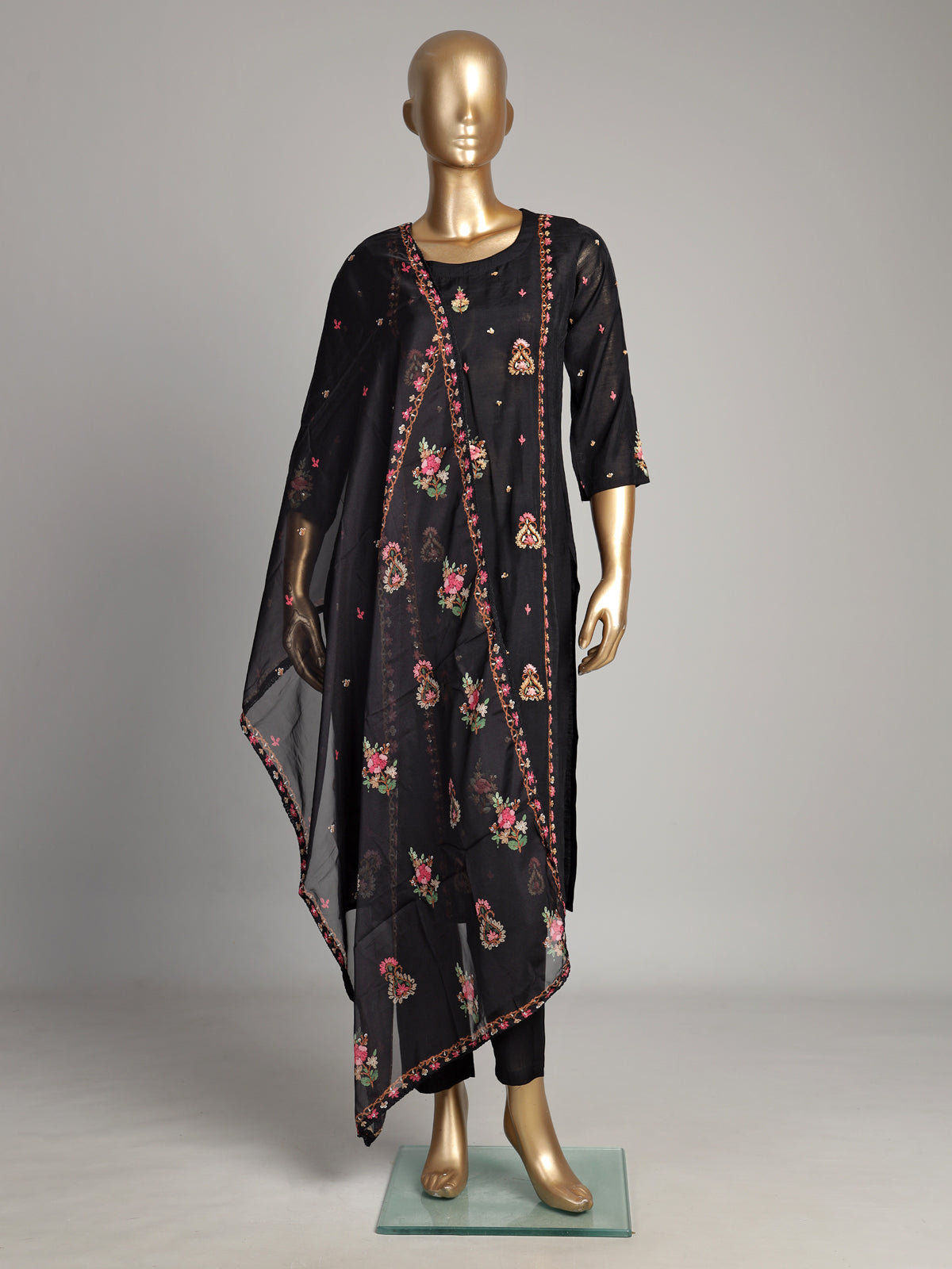 Black silk kurti set with floral sequin accents