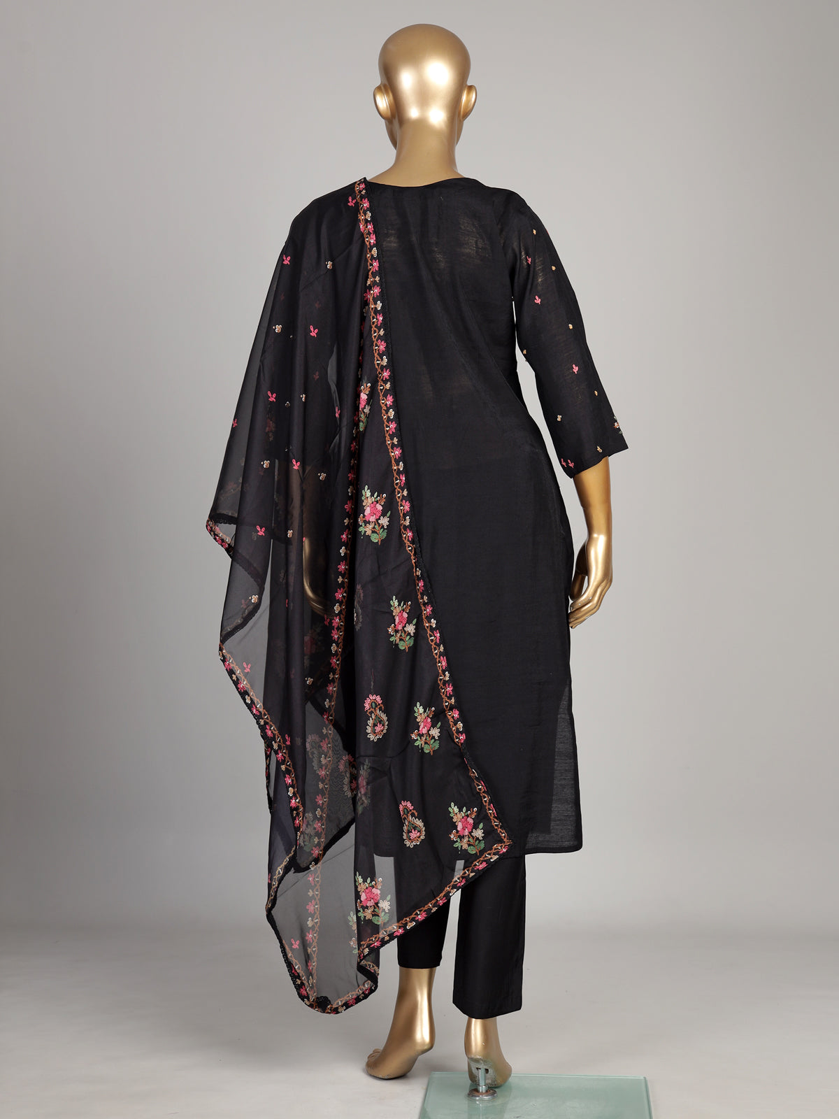 Black silk kurti set with floral sequin accents