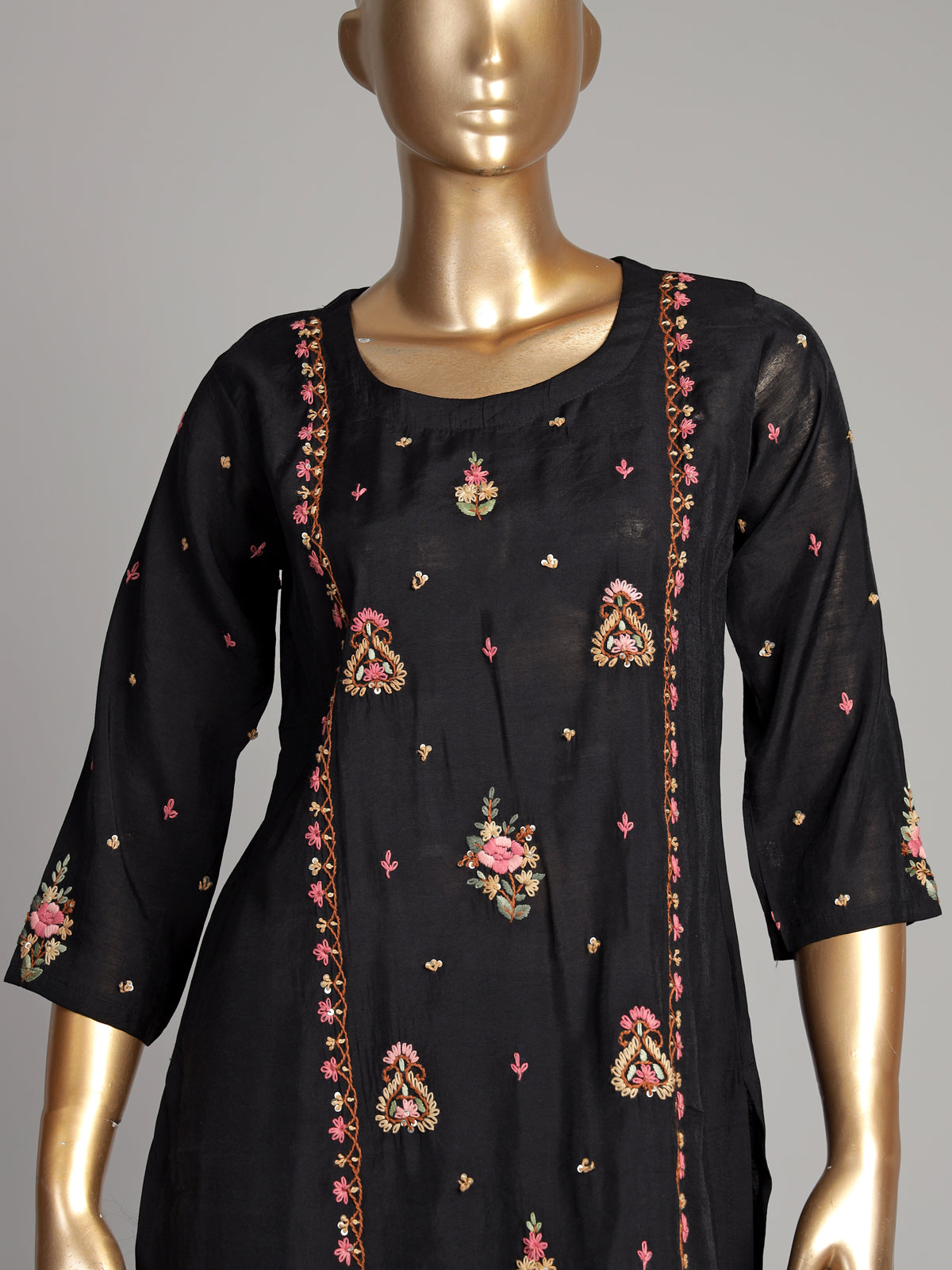 Black silk kurti set with floral sequin accents